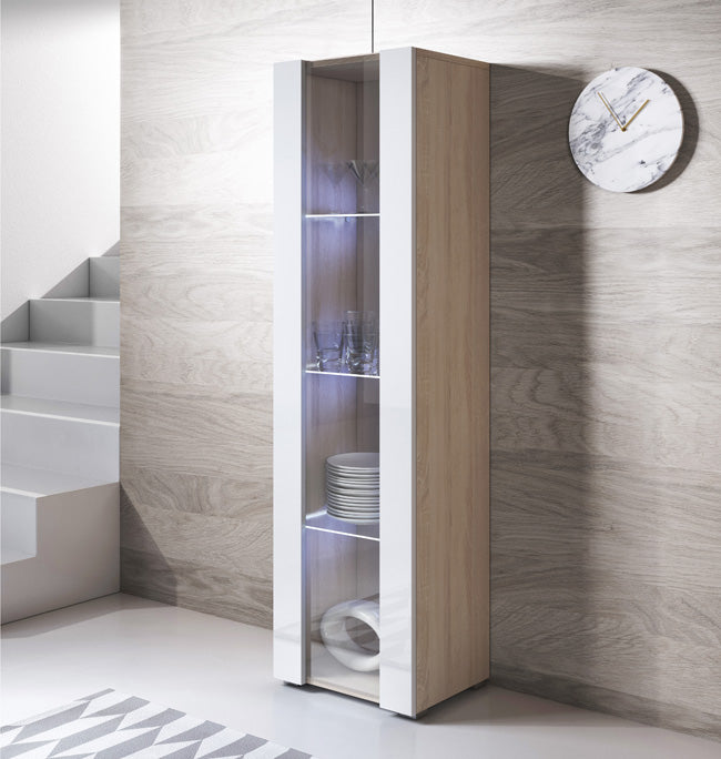 Vitrina modelo Leiko V5 (40x167cm) em Sonoma e Branco com Pernas Padrão