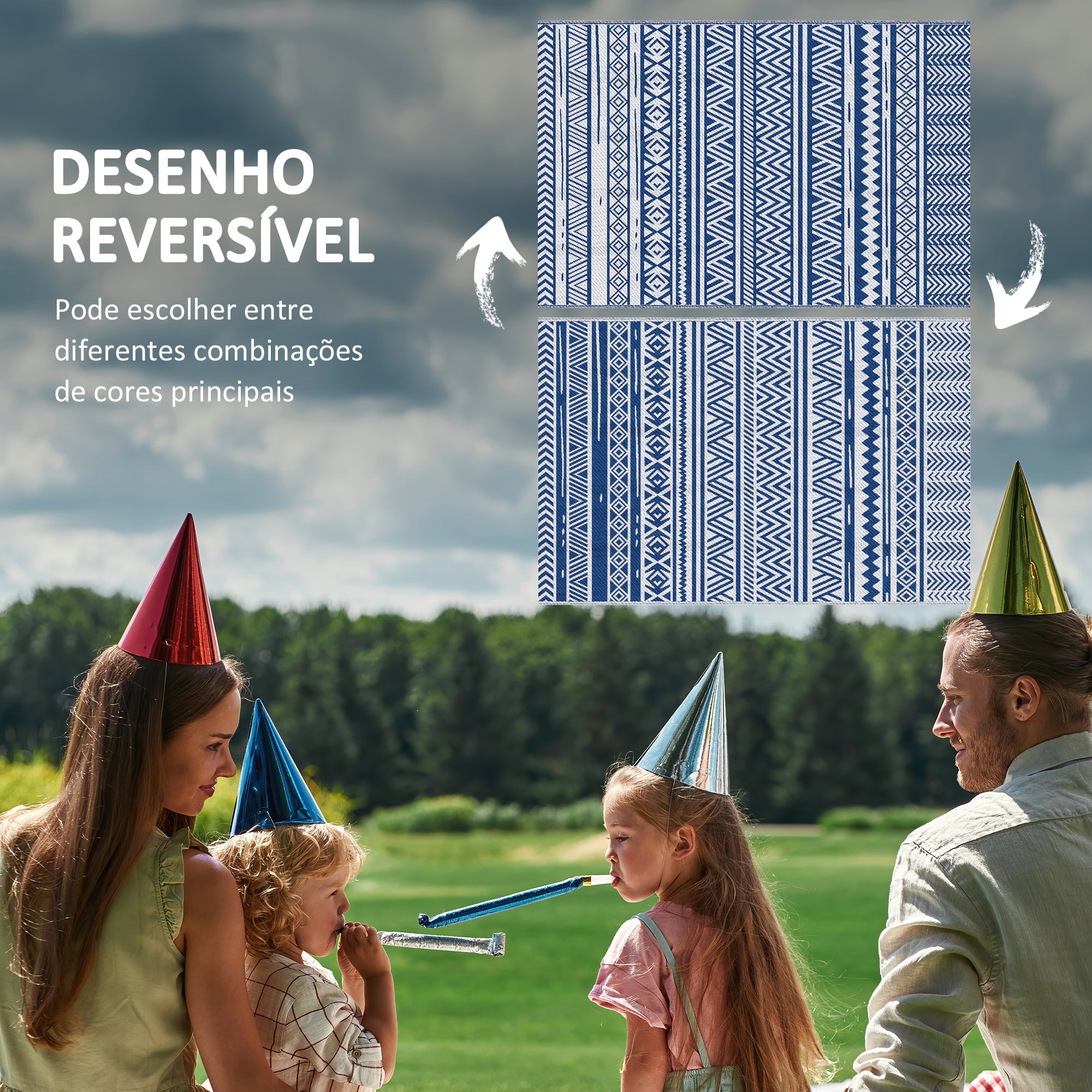 Tapete de Exterior Reversível – 182x274 cm – Azul e Branco – Polipropileno