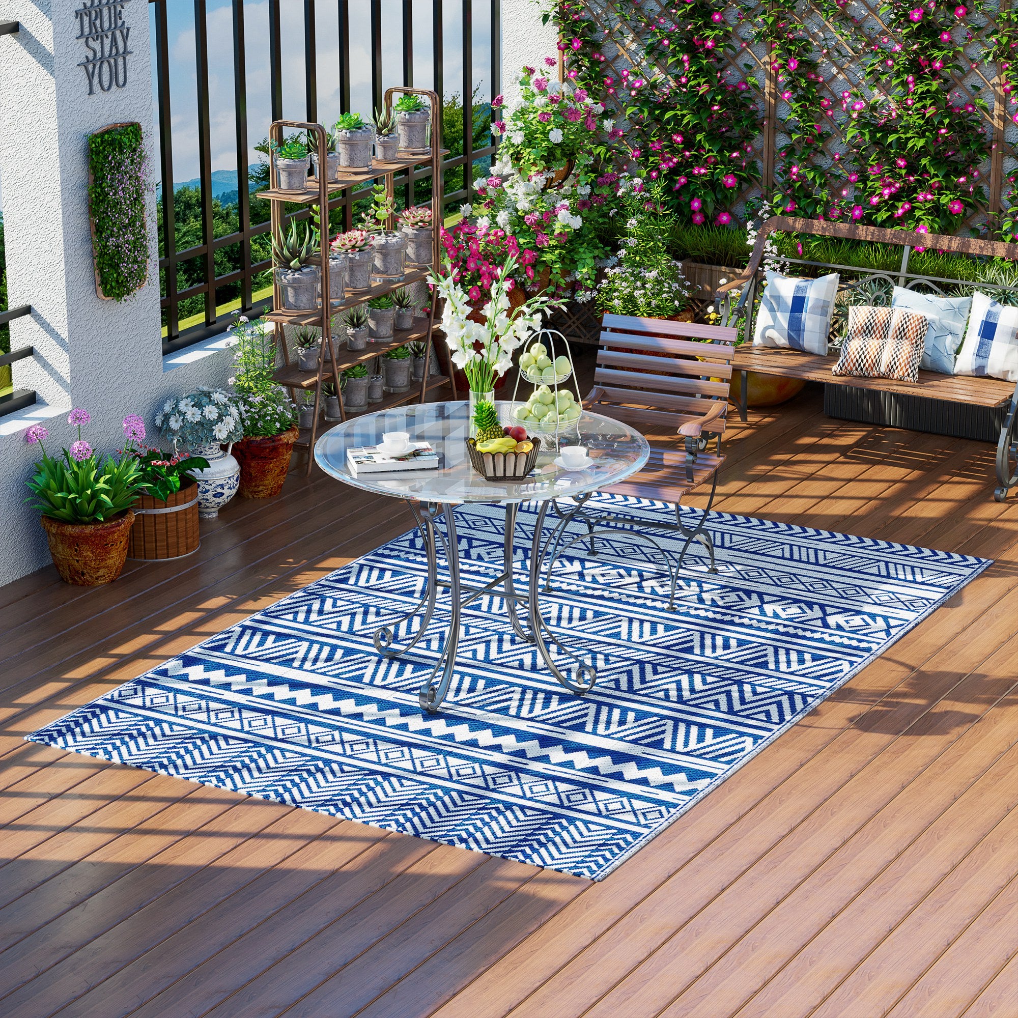 Tapete de Exterior Reversível – 182x274 cm – Azul e Branco – Polipropileno