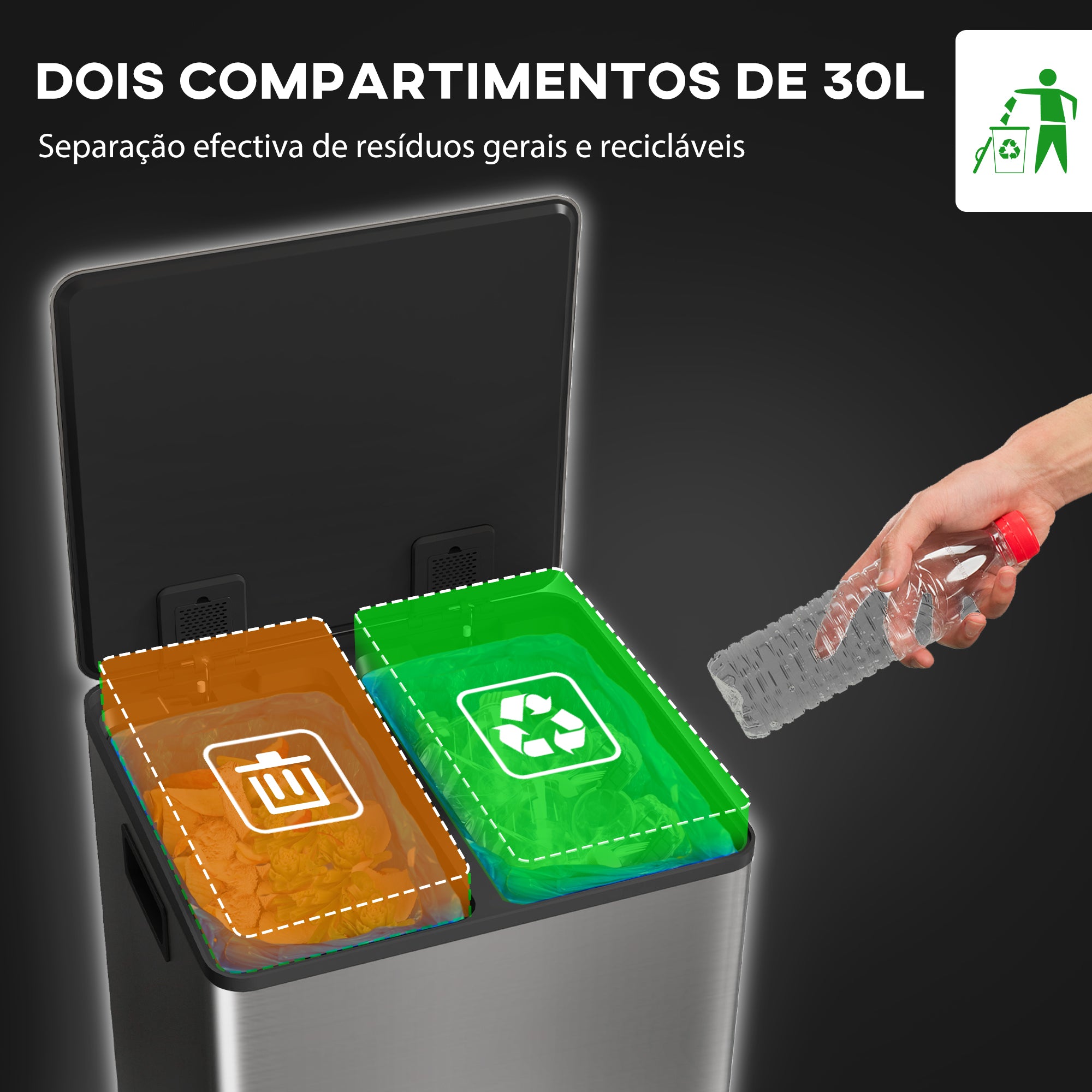 Balde de Lixo de Cozinha 2x30L Aço Inoxidável Prata 47,7x37,5x66,8 cm