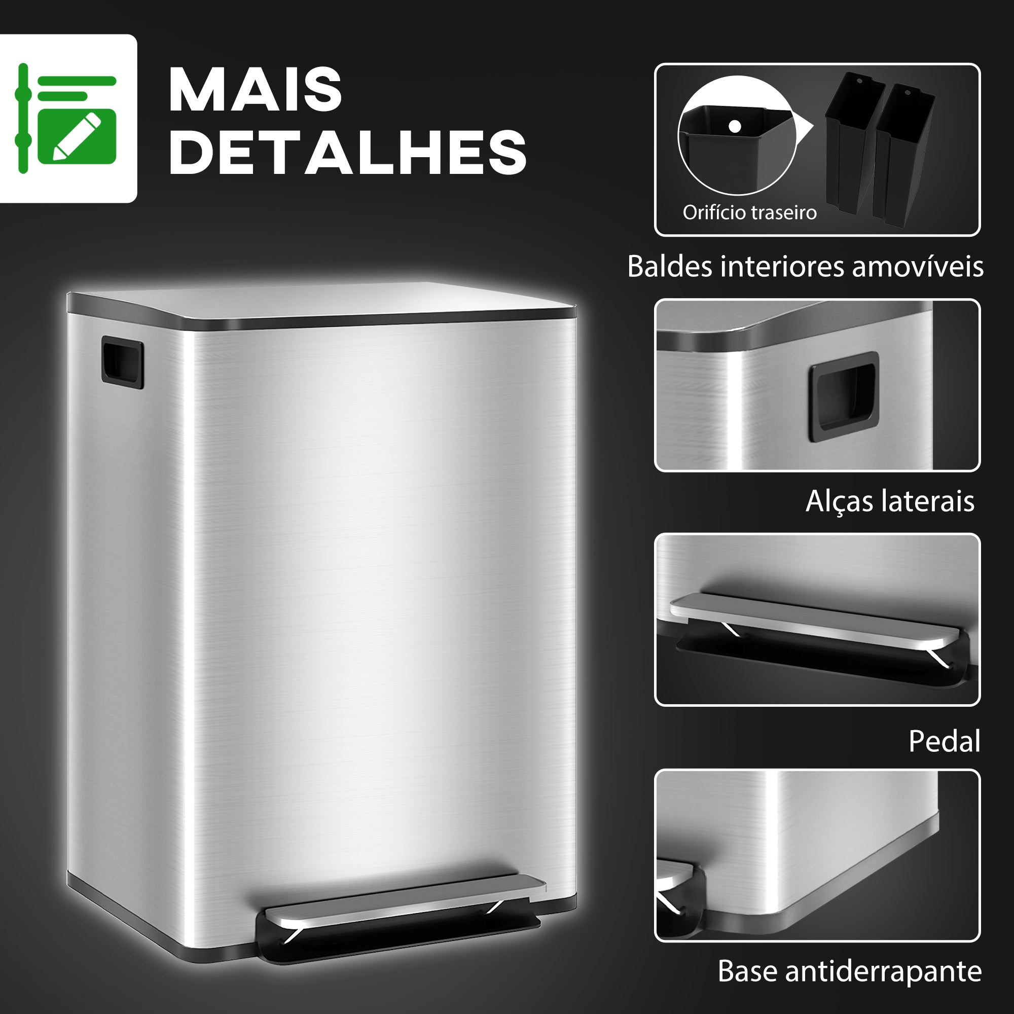 Balde de Lixo de Cozinha 2x30L Aço Inoxidável Prata 47,7x37,5x66,8 cm