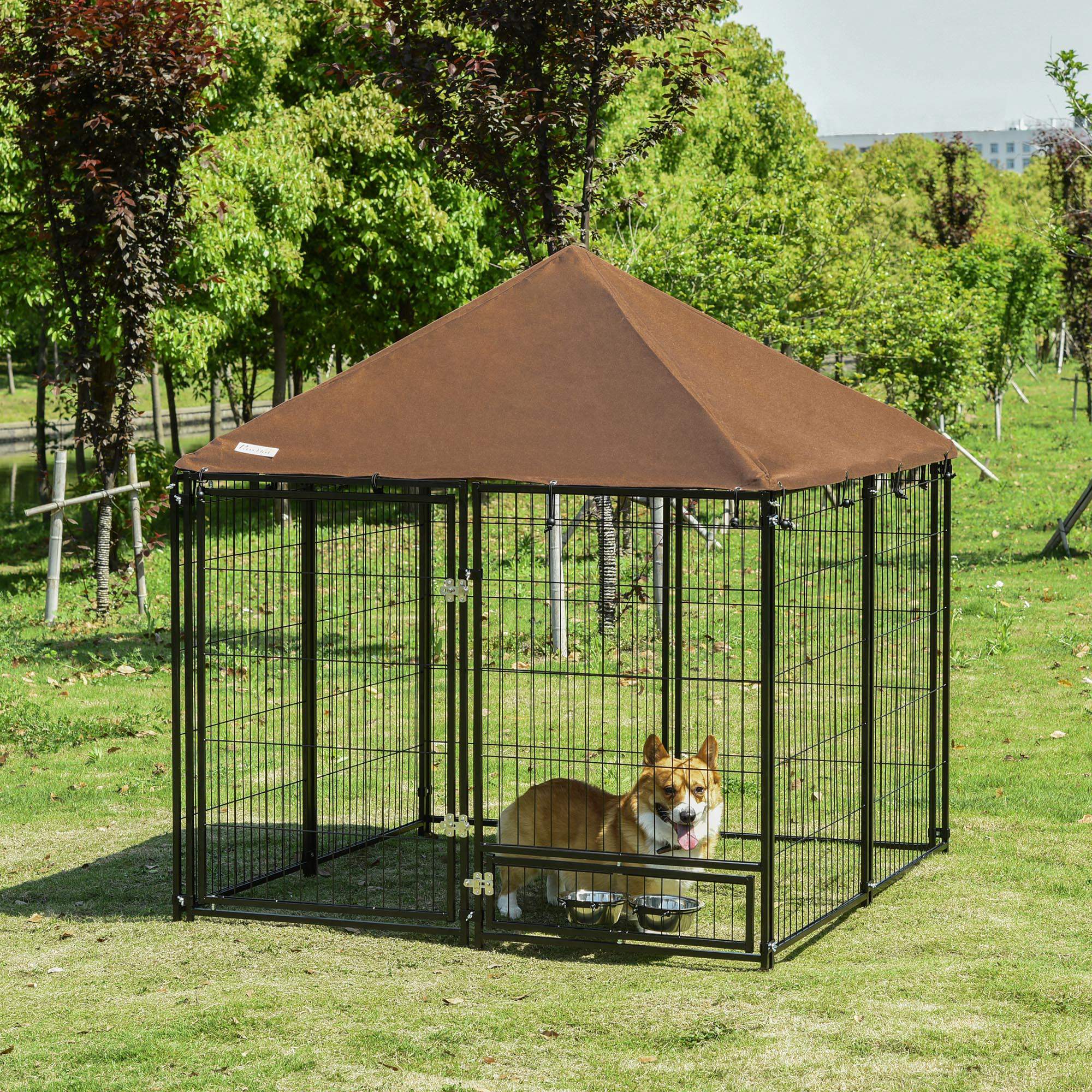 Parque para Cães com Toldo e Comedouro Giratório 141x141x121cm Preto e Marrom