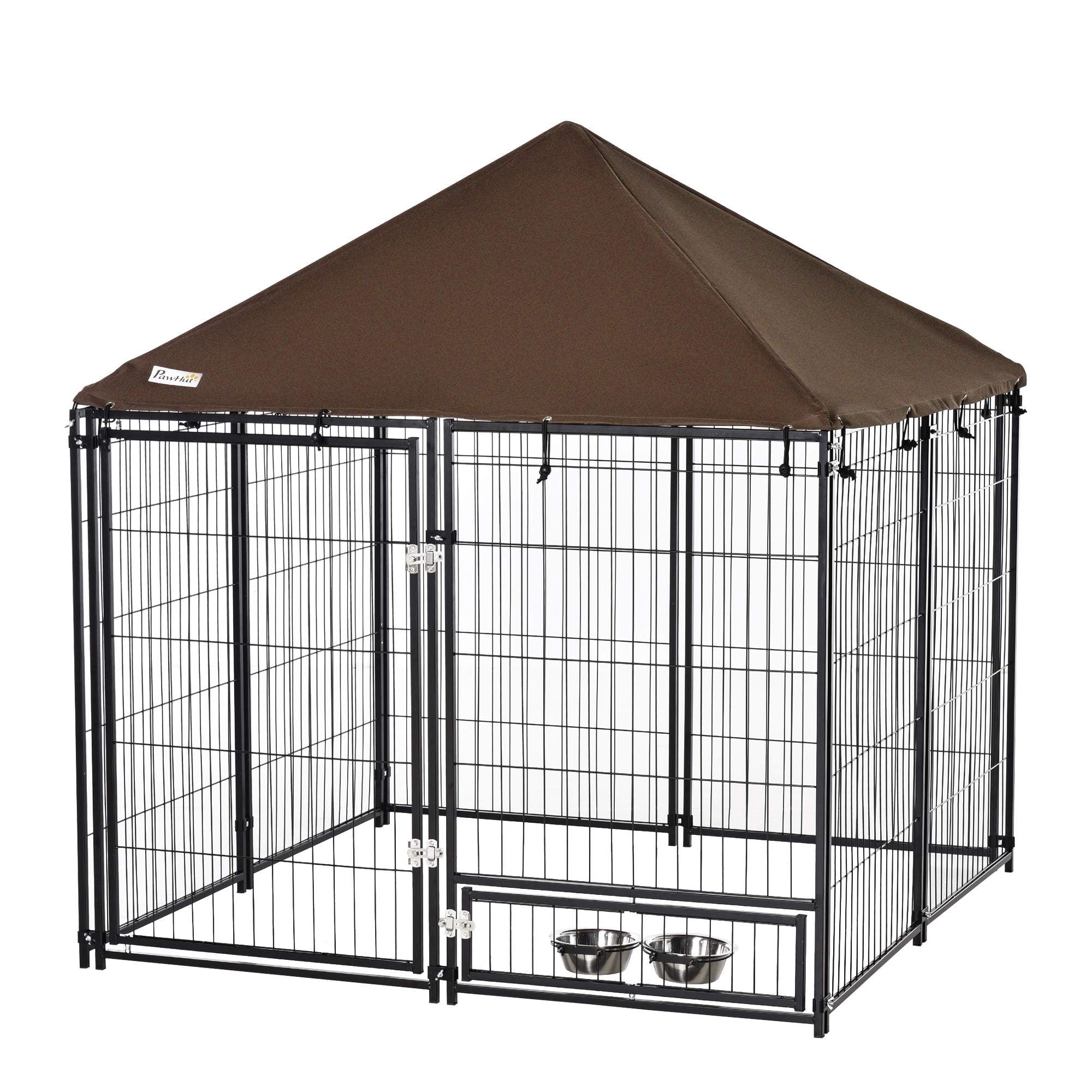Parque para Cães com Toldo e Comedouro Giratório 141x141x121cm Preto e Marrom