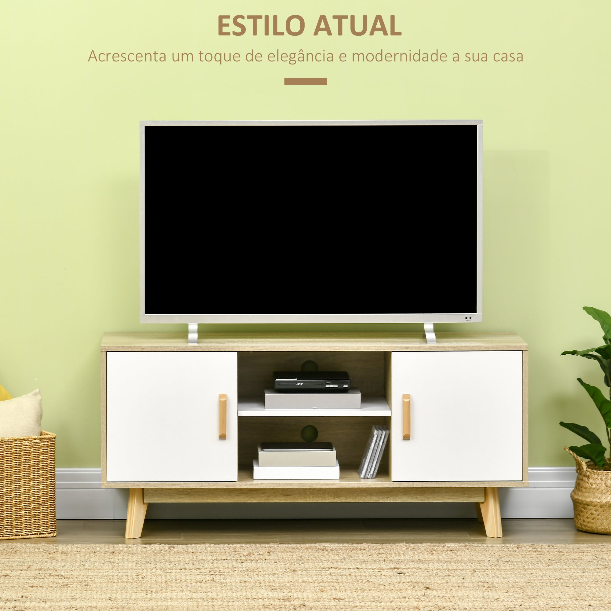 Móvel de TV Moderno 120x40x55 cm em Madeira e Branco