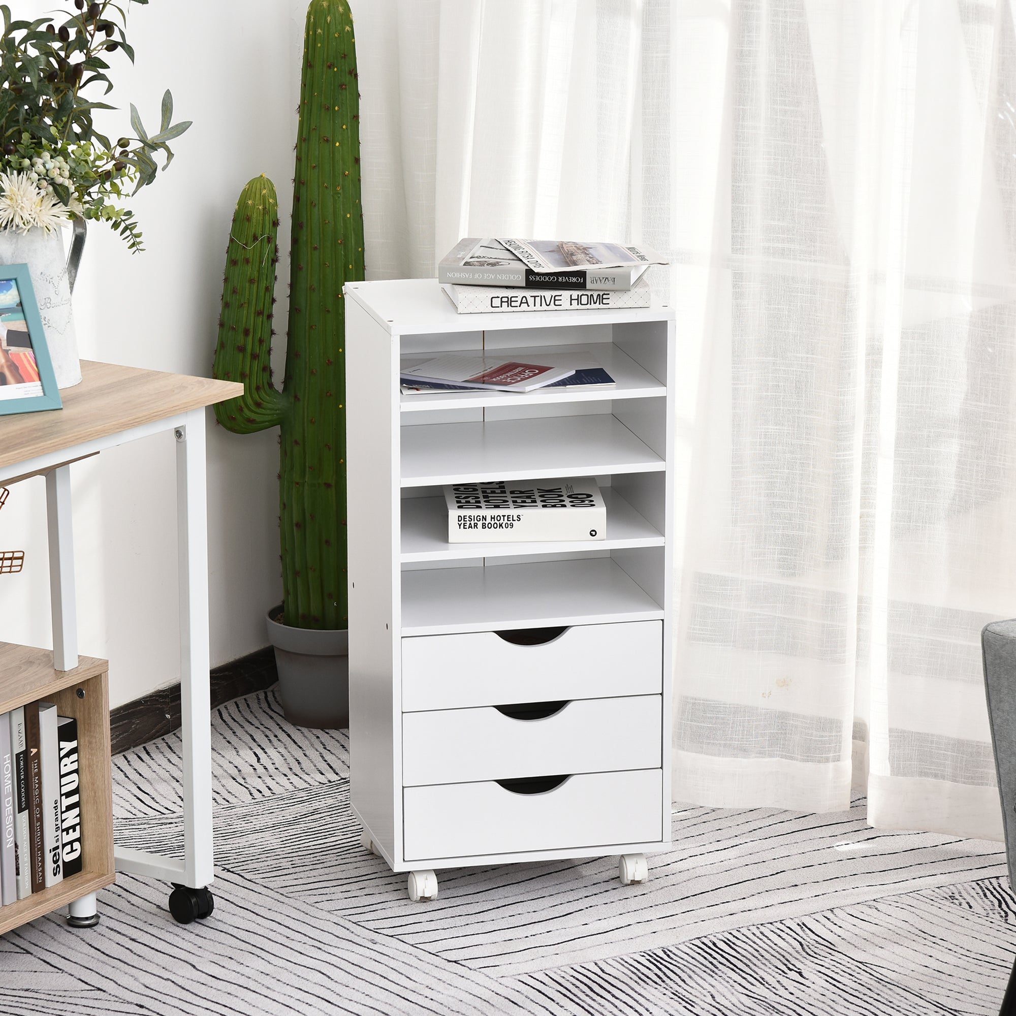 Móvel Auxiliar de Escritório com 3 Gavetas e 4 Prateleiras - 40x30x83 cm - Branco