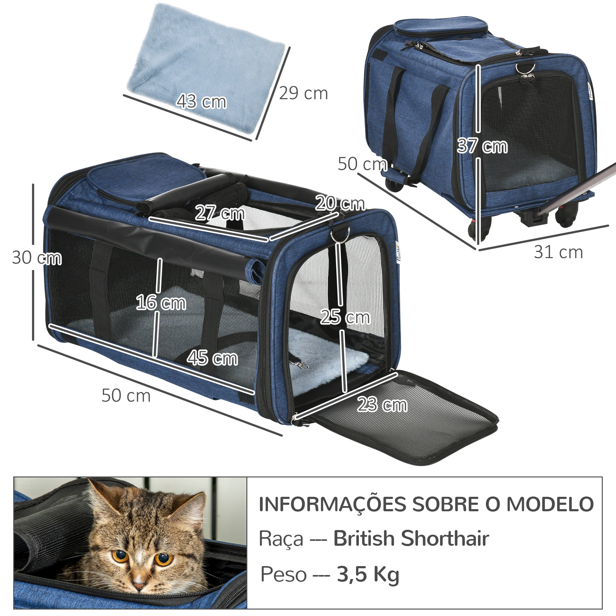 Transportadora 4 em 1 para Animais de Estimação - 50x31x37 cm - Azul