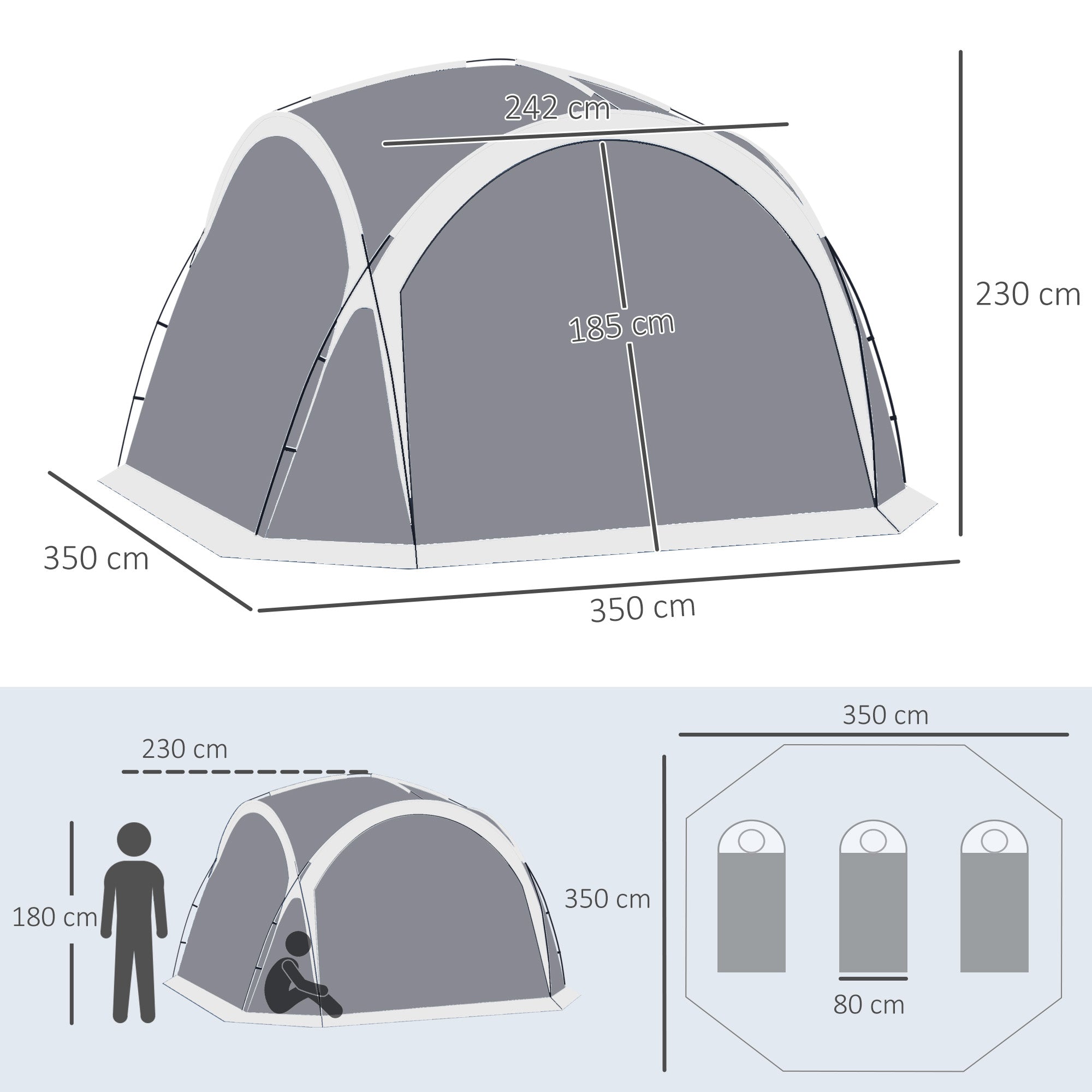 Abrigo de Campismo para 3-4 Pessoas 350x350x230 cm Cinzento