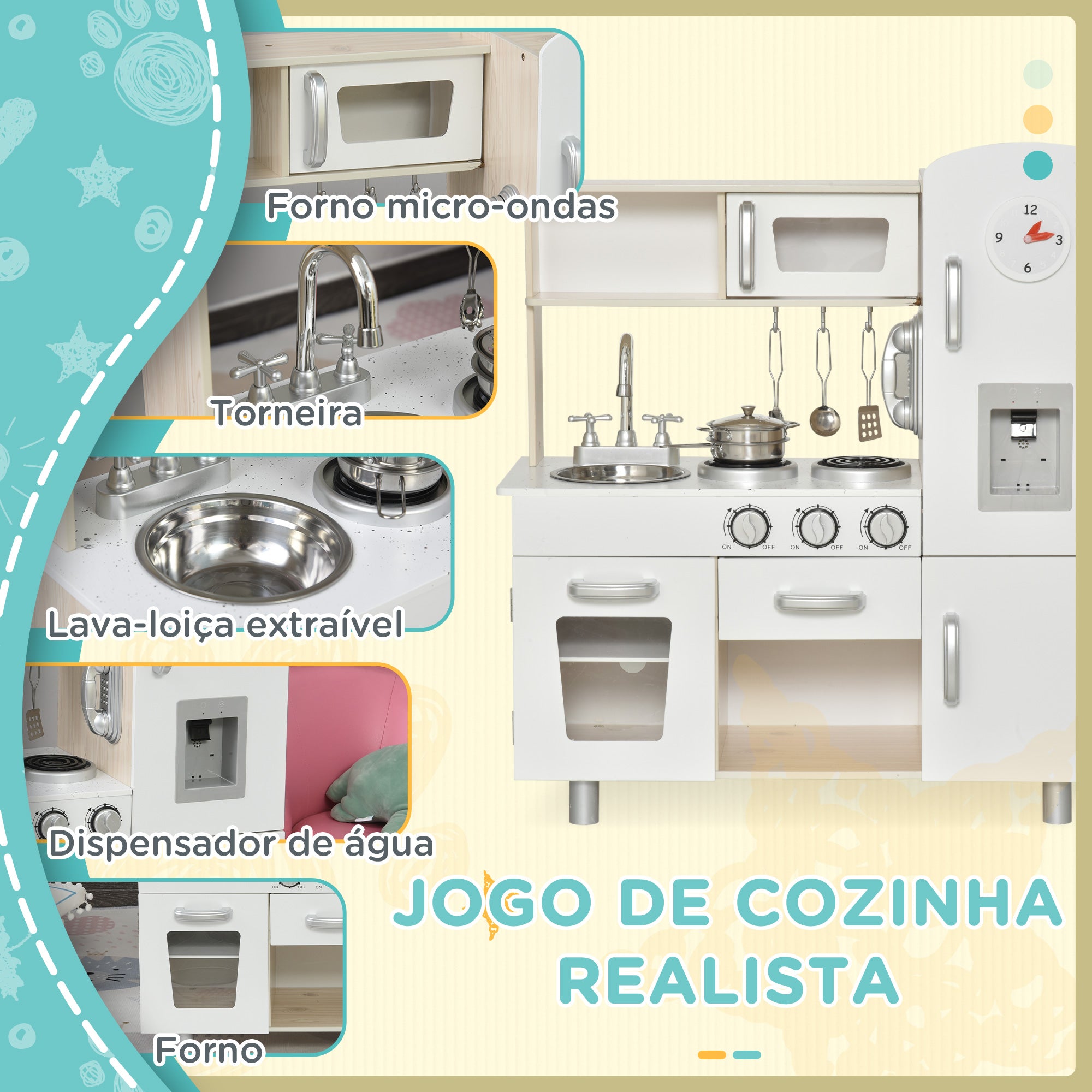 Cozinha de Madeira para Crianças 74x30x81 cm - Branco