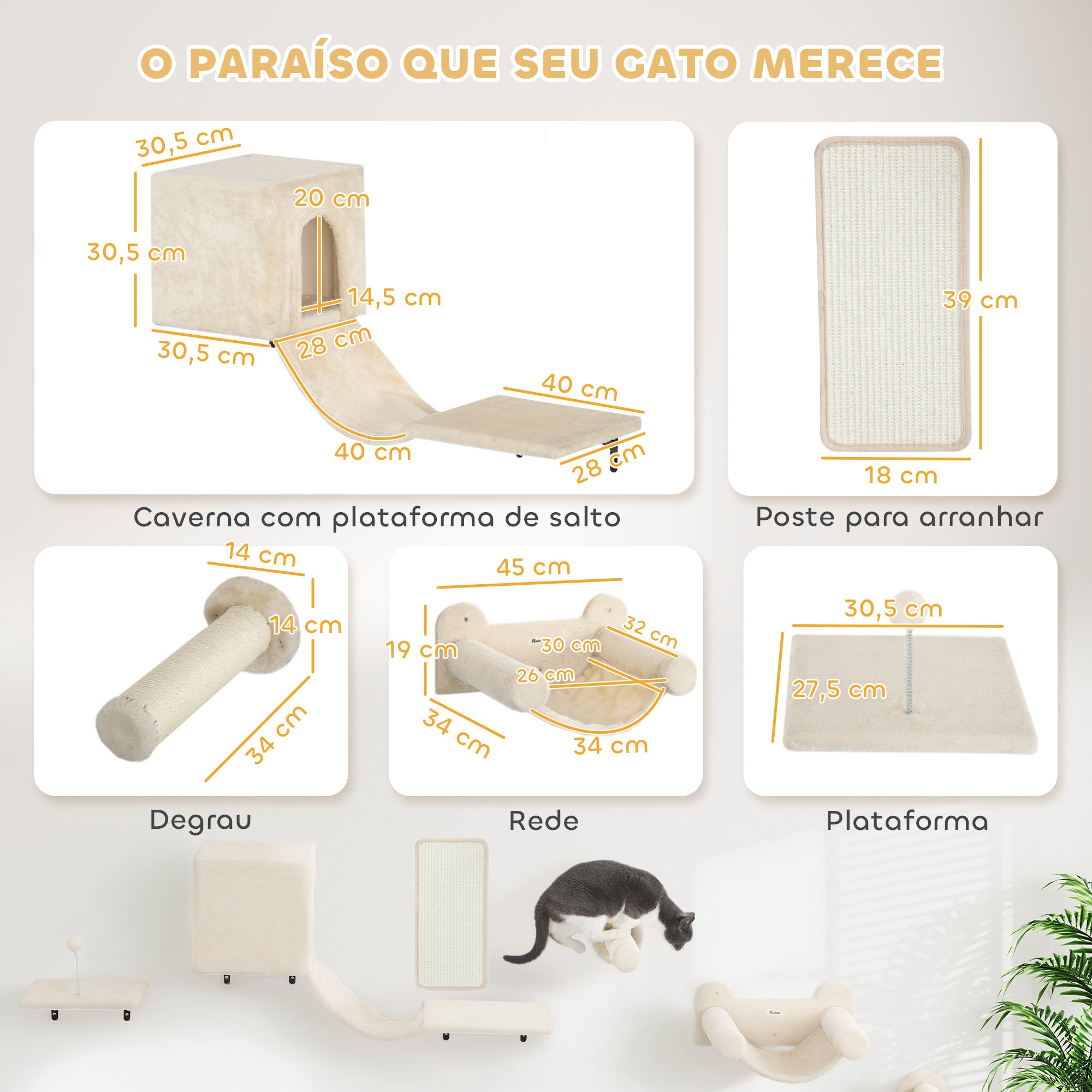 Conjunto de Prateleiras de Escalada para Gatos - Bege 106x30x30,5 cm