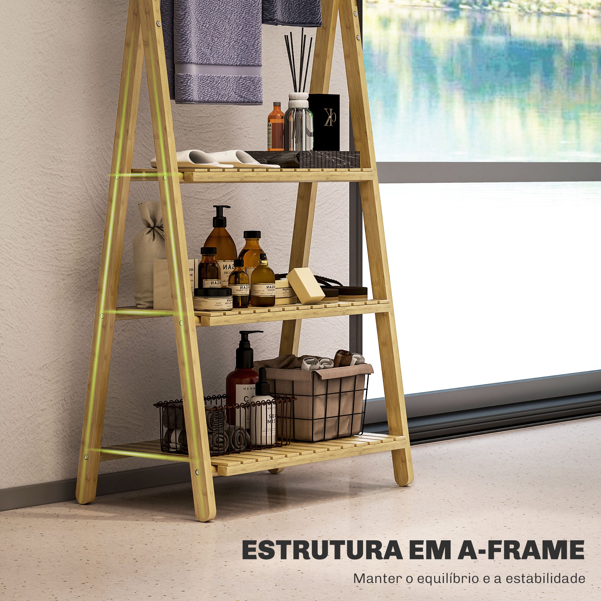 Estante de Casa de Banho em Bambu – 53,5x30x153 cm – Cor Madeira Natural