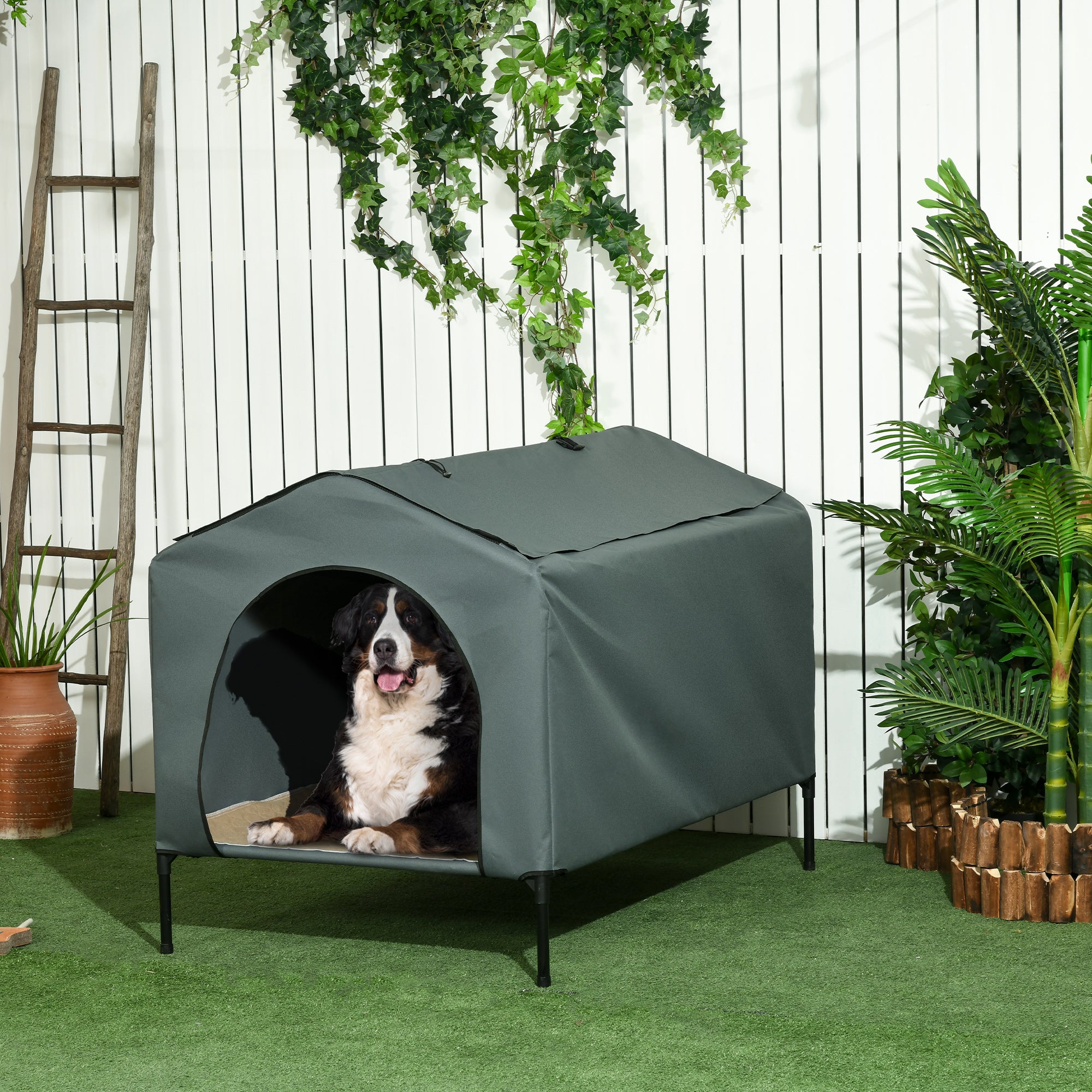 Casa para Cães 130x85x95 cm Cinzenta - Cama Elevada com Almofada