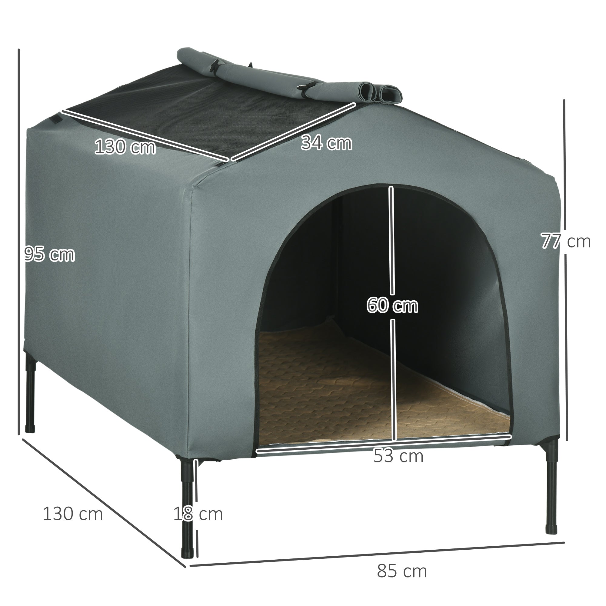 Casa para Cães 130x85x95 cm Cinzenta - Cama Elevada com Almofada