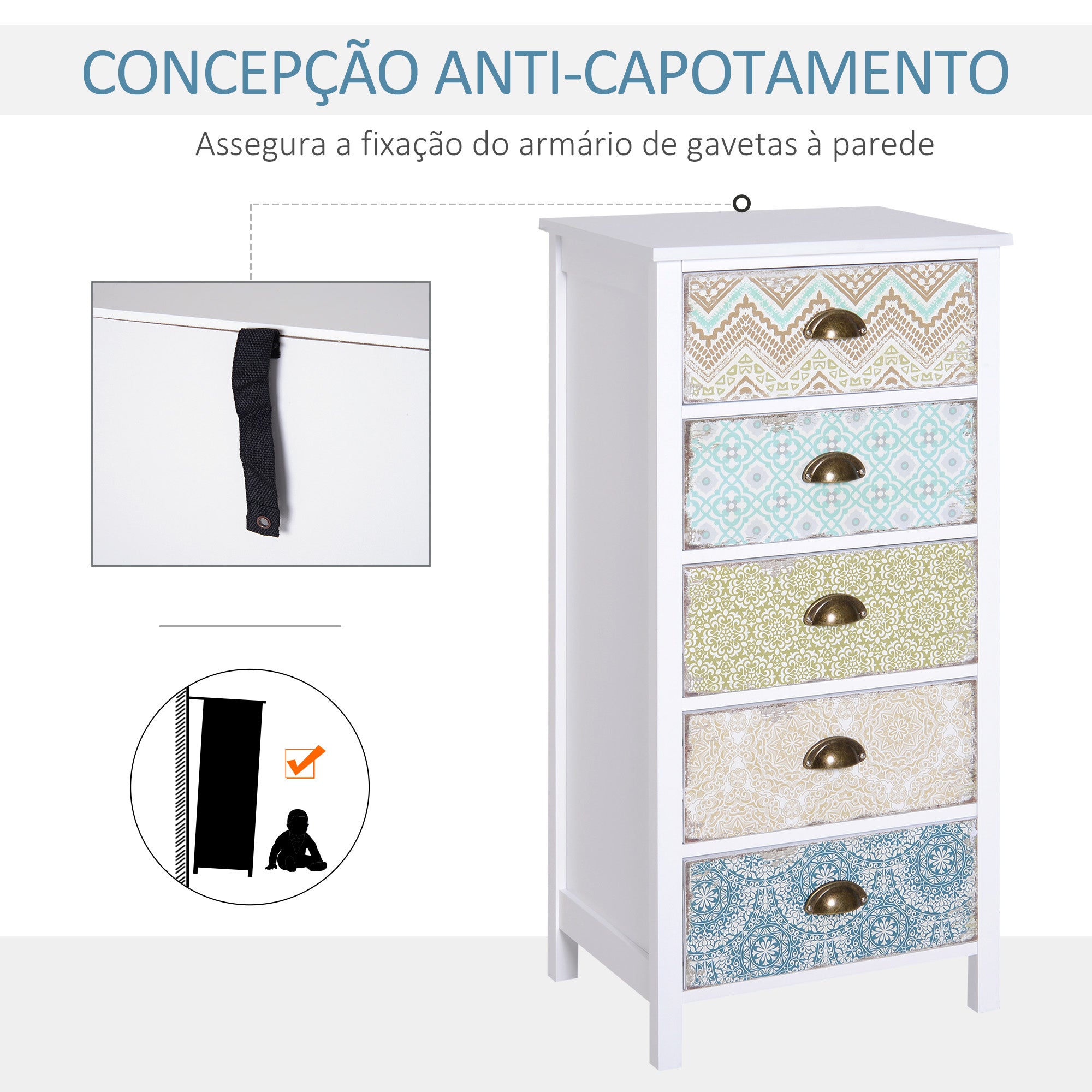 Cómoda de Madeira Multicor com 5 Gavetas 46x34x97,5 cm