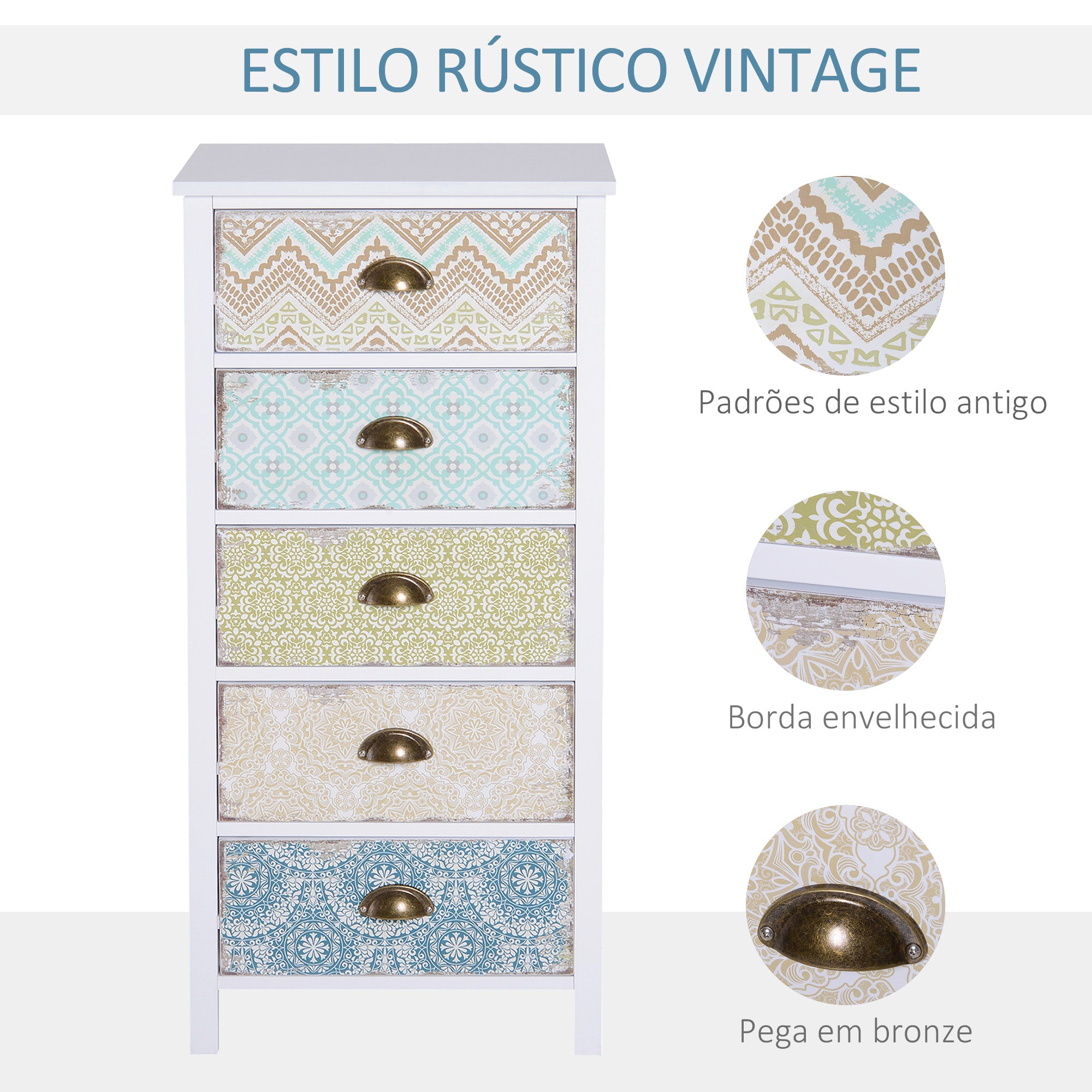 Cómoda de Madeira Multicor com 5 Gavetas 46x34x97,5 cm