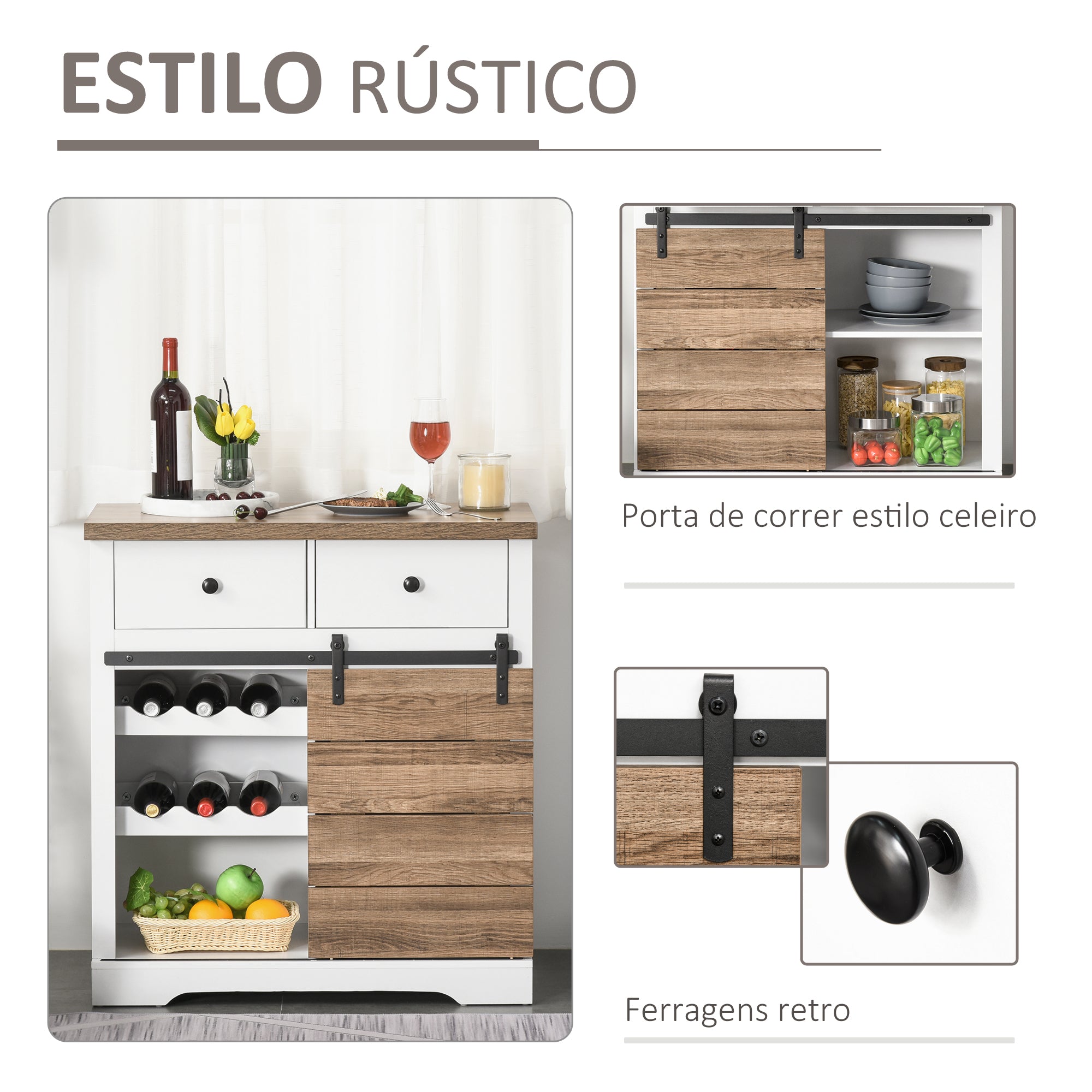 Aparador de Cozinha com Porta de Celeiro Deslizante 80x39x86 cm Branco e Madeira