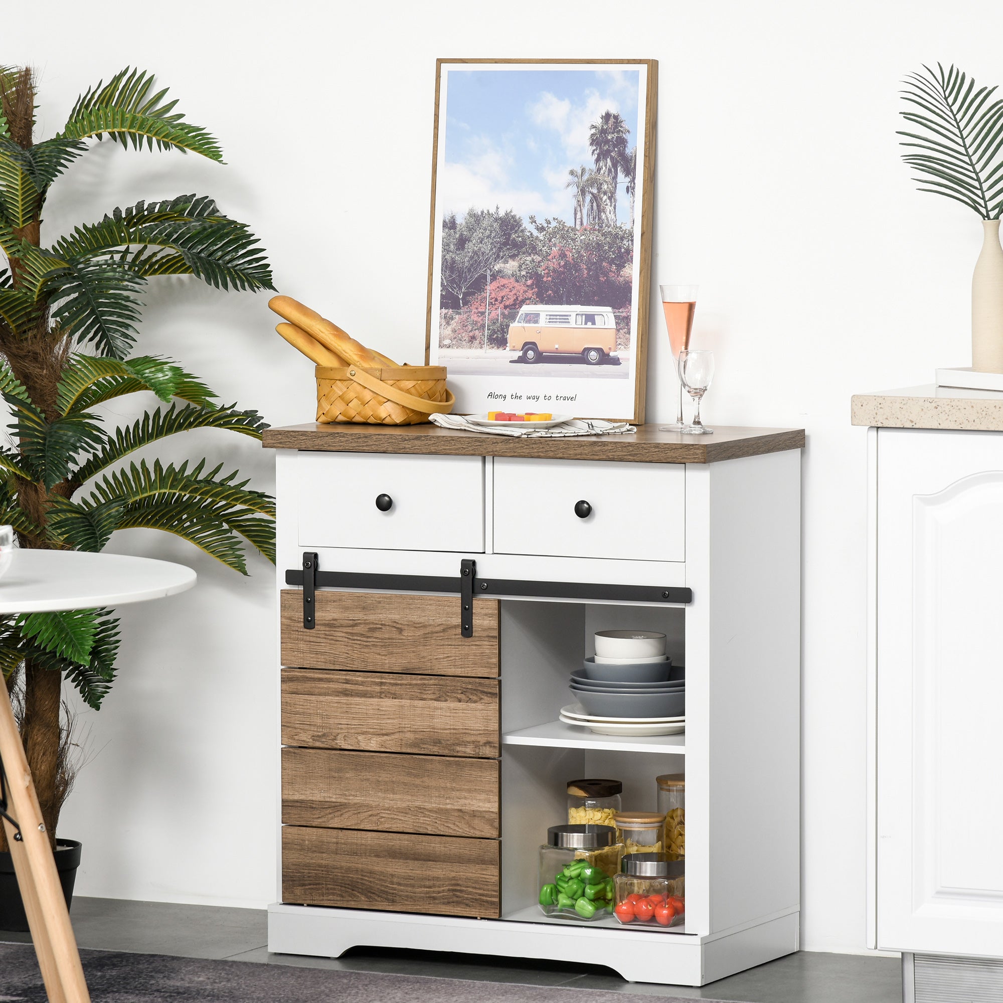 Aparador de Cozinha com Porta de Celeiro Deslizante 80x39x86 cm Branco e Madeira
