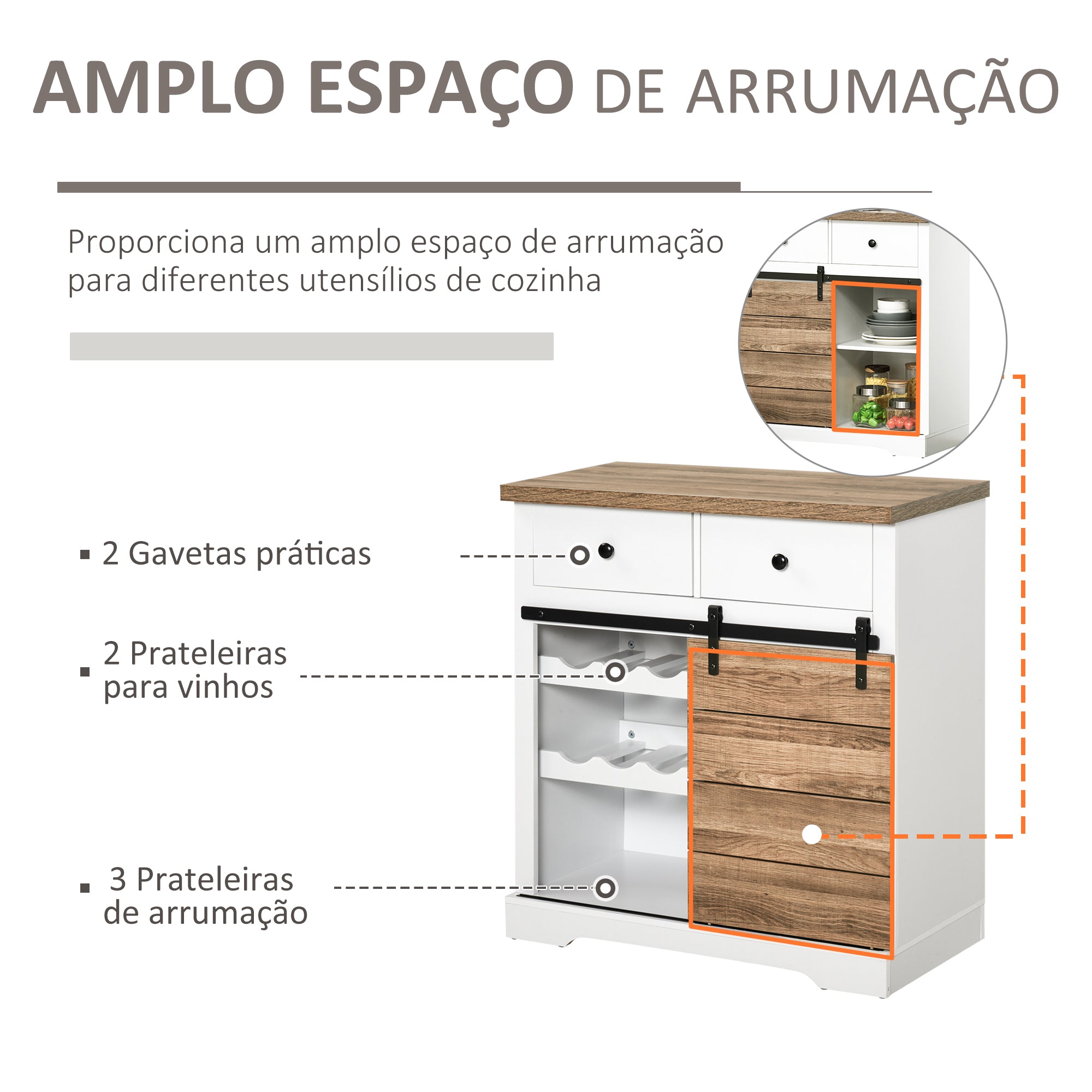 Aparador de Cozinha com Porta de Celeiro Deslizante 80x39x86 cm Branco e Madeira