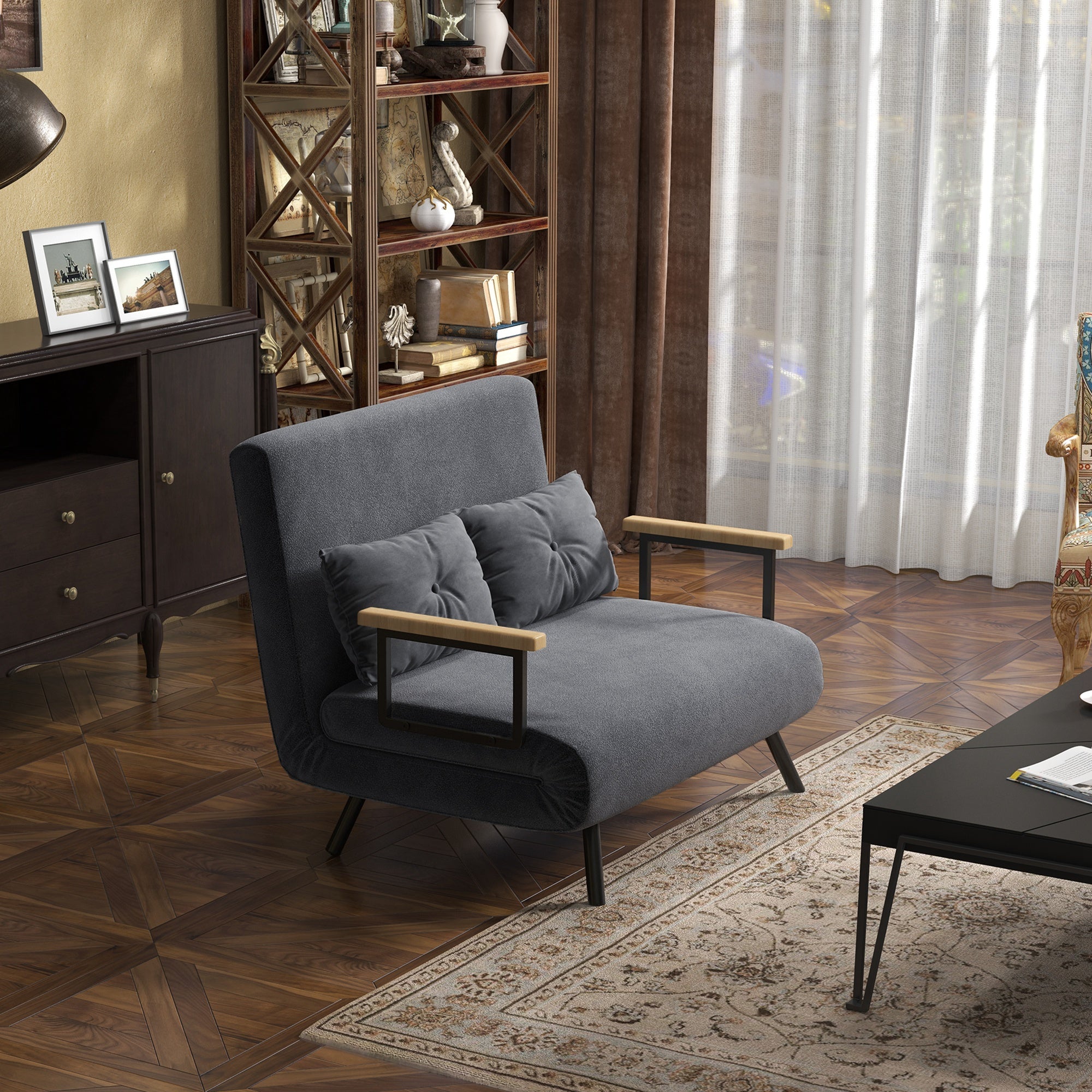 Sofá Cama Convertível em Cama de 2 Lugares com Encosto Ajustável em 5 Níveis 102x73x81 cm - Cinzento