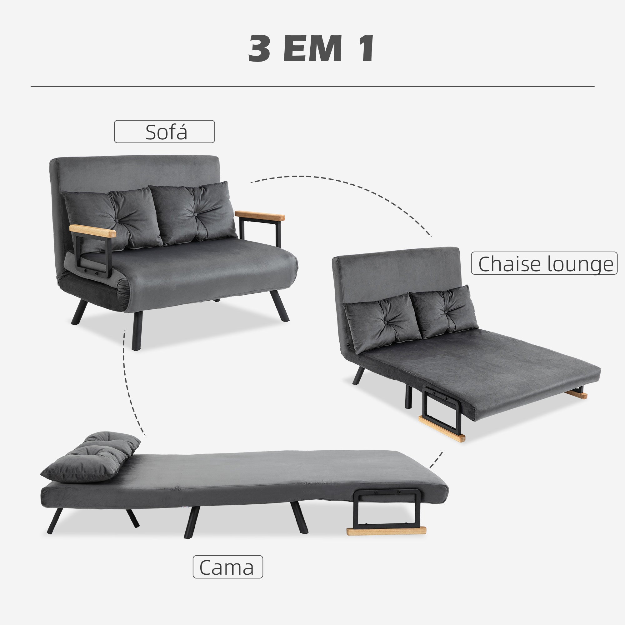 Sofá Cama Convertível em Cama de 2 Lugares com Encosto Ajustável em 5 Níveis 102x73x81 cm - Cinzento