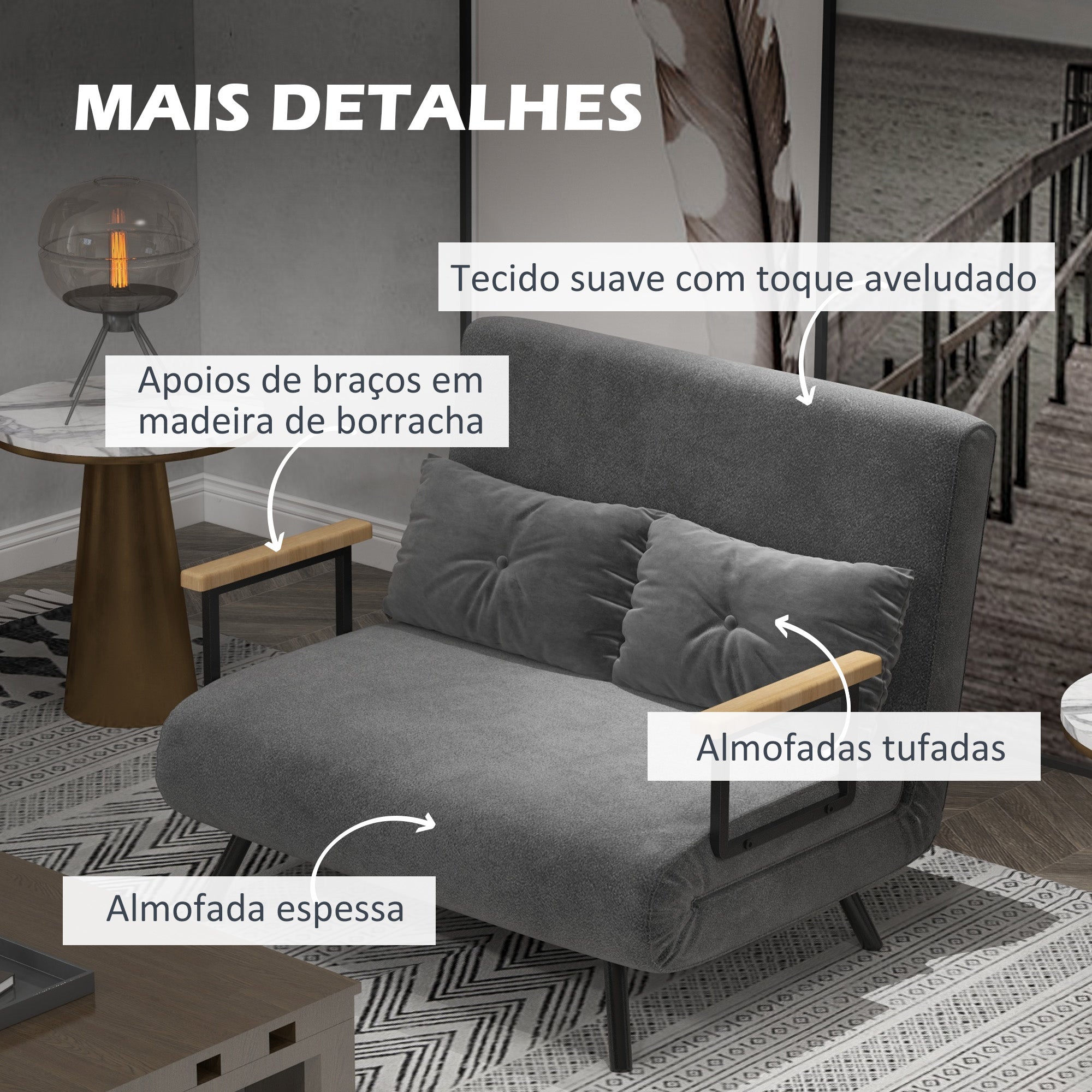 Sofá Cama Convertível em Cama de 2 Lugares com Encosto Ajustável em 5 Níveis 102x73x81 cm - Cinzento