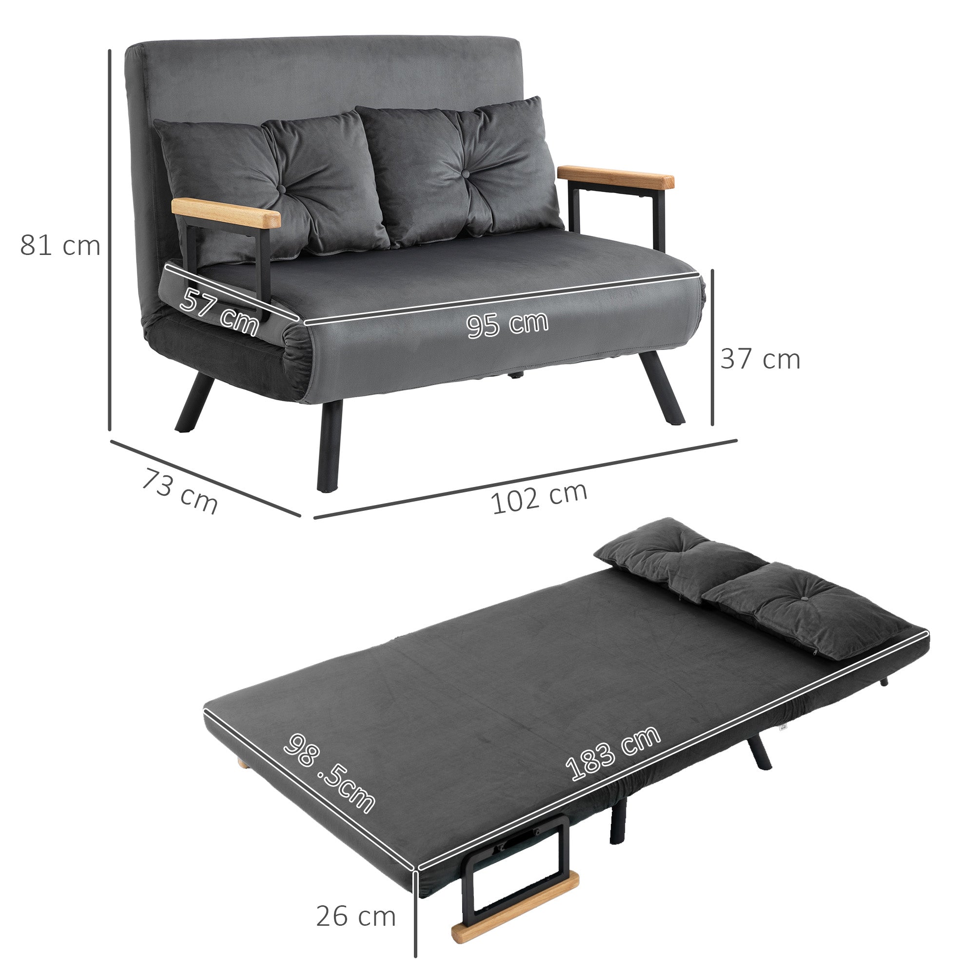 Sofá Cama Convertível em Cama de 2 Lugares com Encosto Ajustável em 5 Níveis 102x73x81 cm - Cinzento