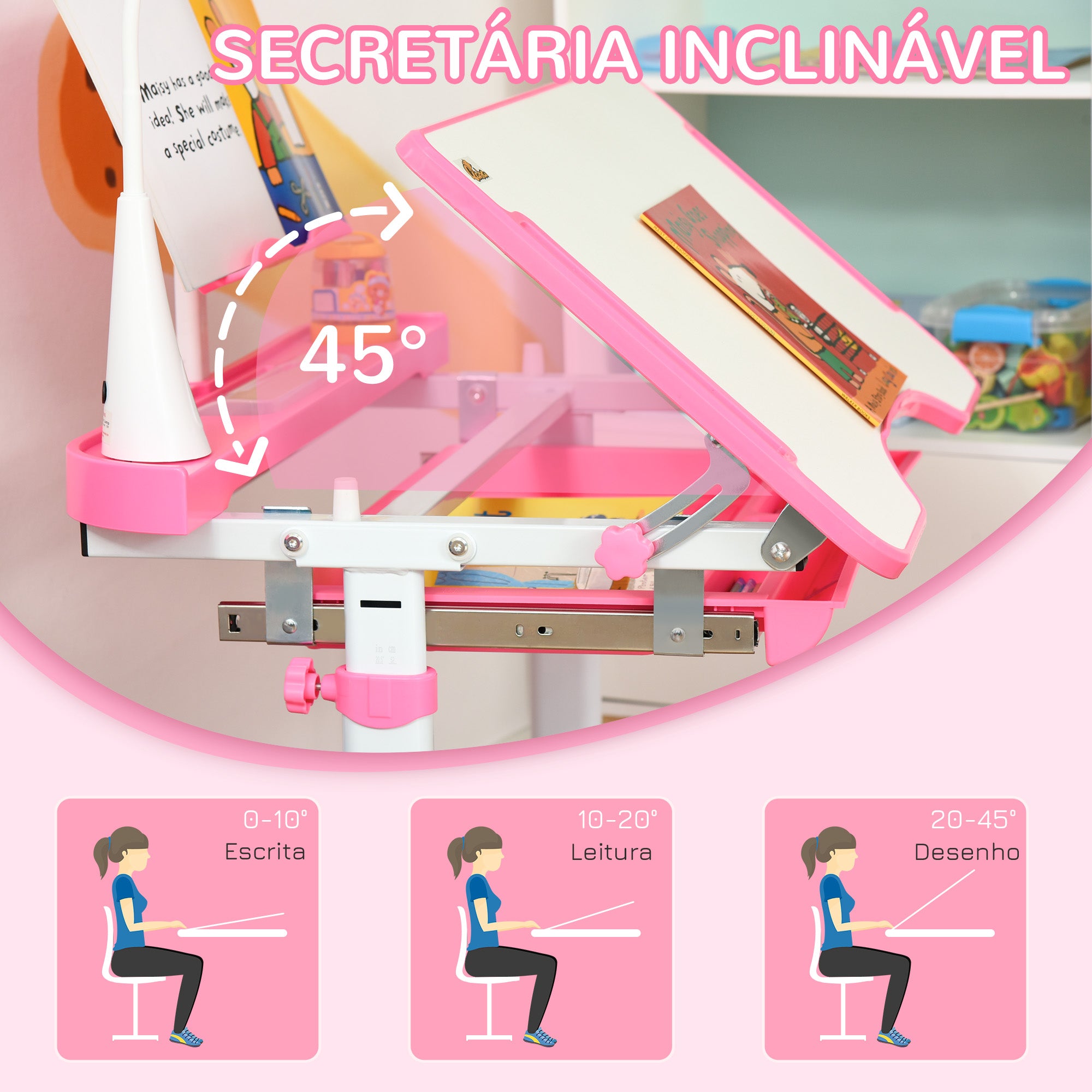 Conjunto de Secretária e Mesa Infantil 70x50x80-105 cm Rosa