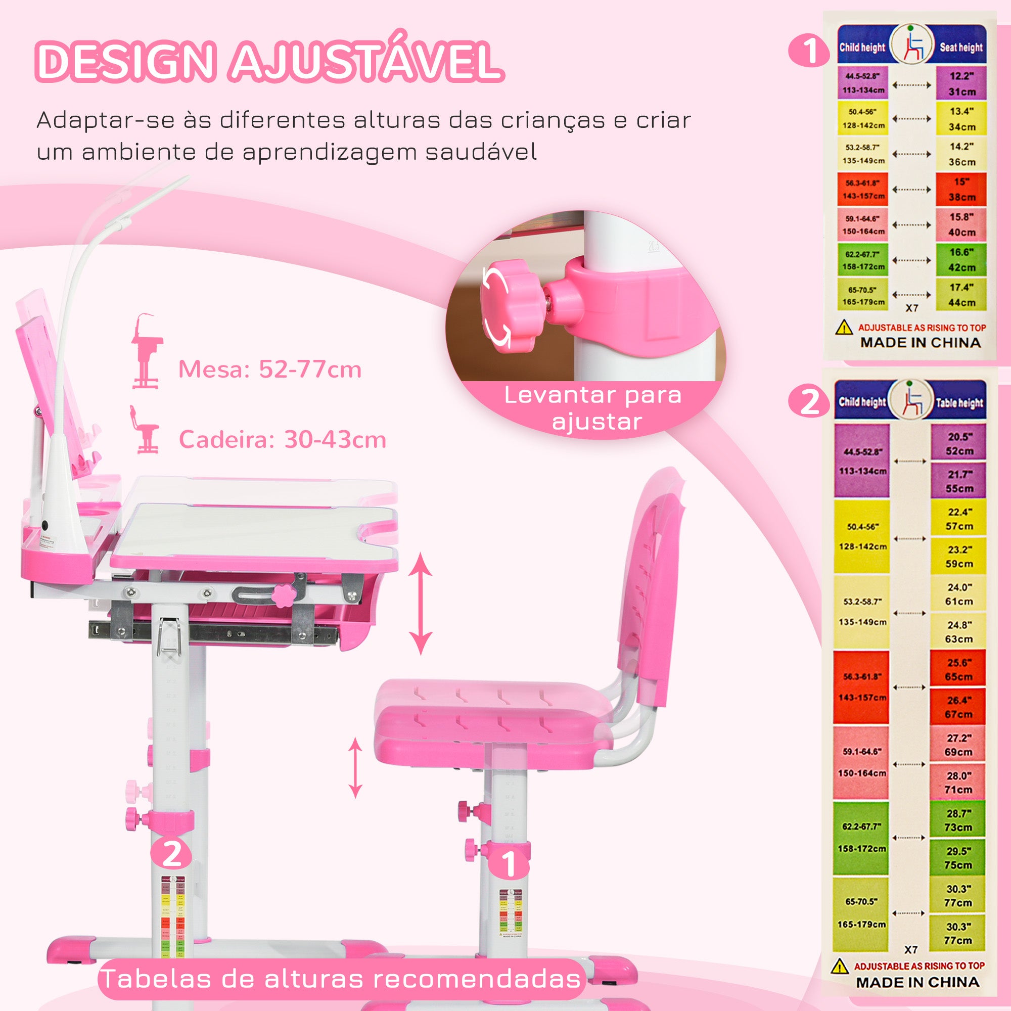 Conjunto de Secretária e Mesa Infantil 70x50x80-105 cm Rosa