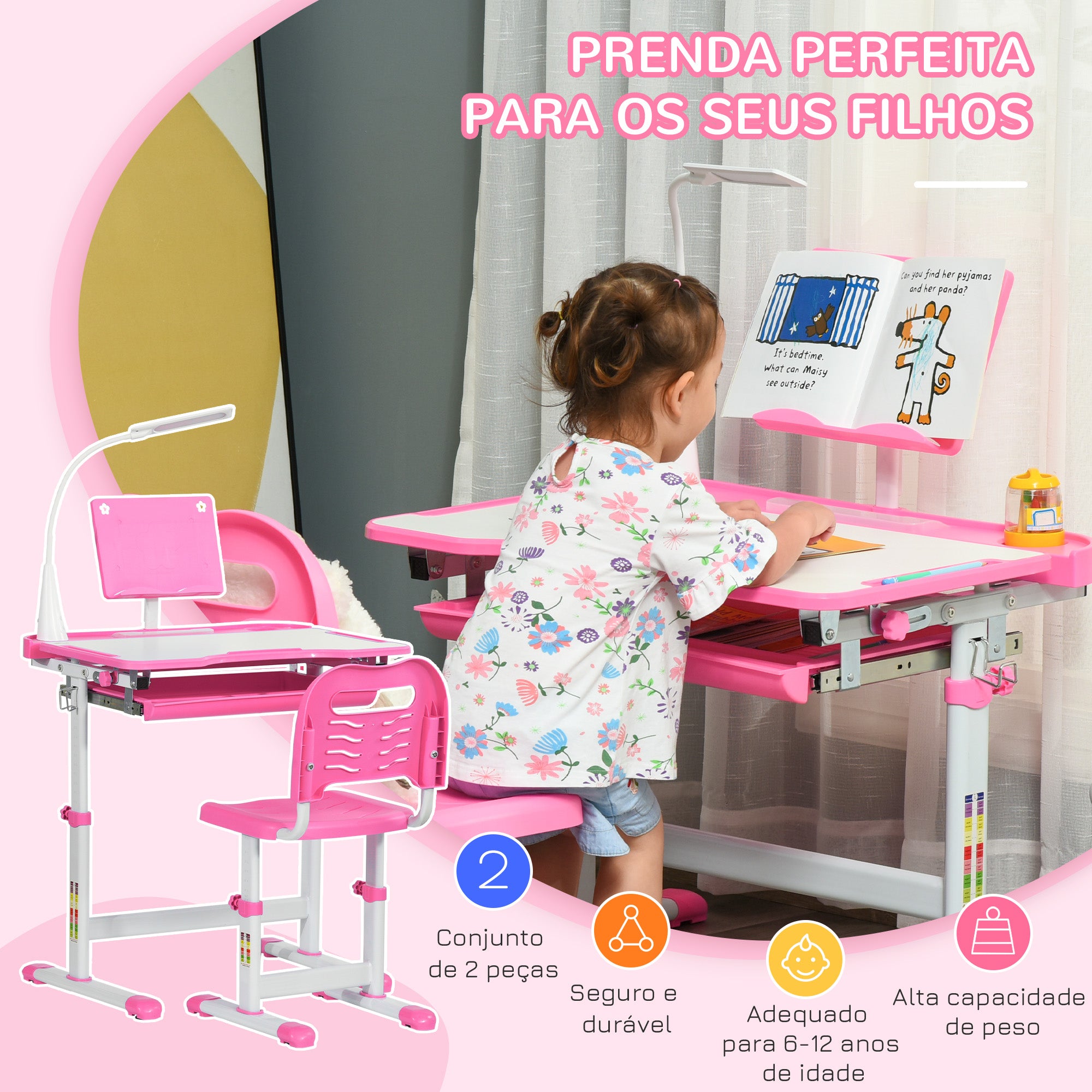 Conjunto de Secretária e Mesa Infantil 70x50x80-105 cm Rosa