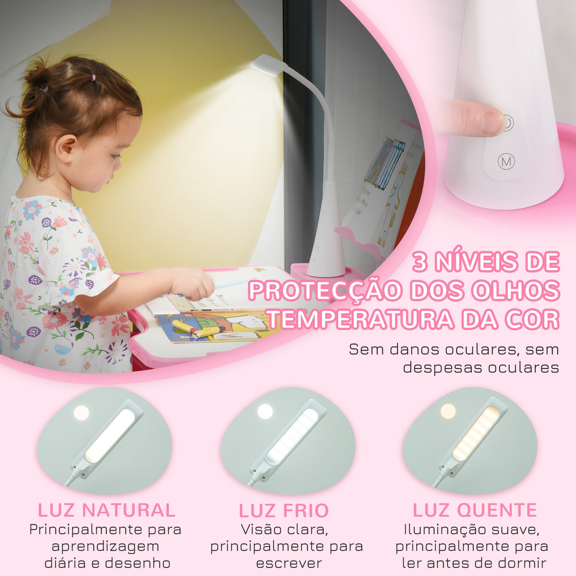 Conjunto de Secretária e Mesa Infantil 70x50x80-105 cm Rosa