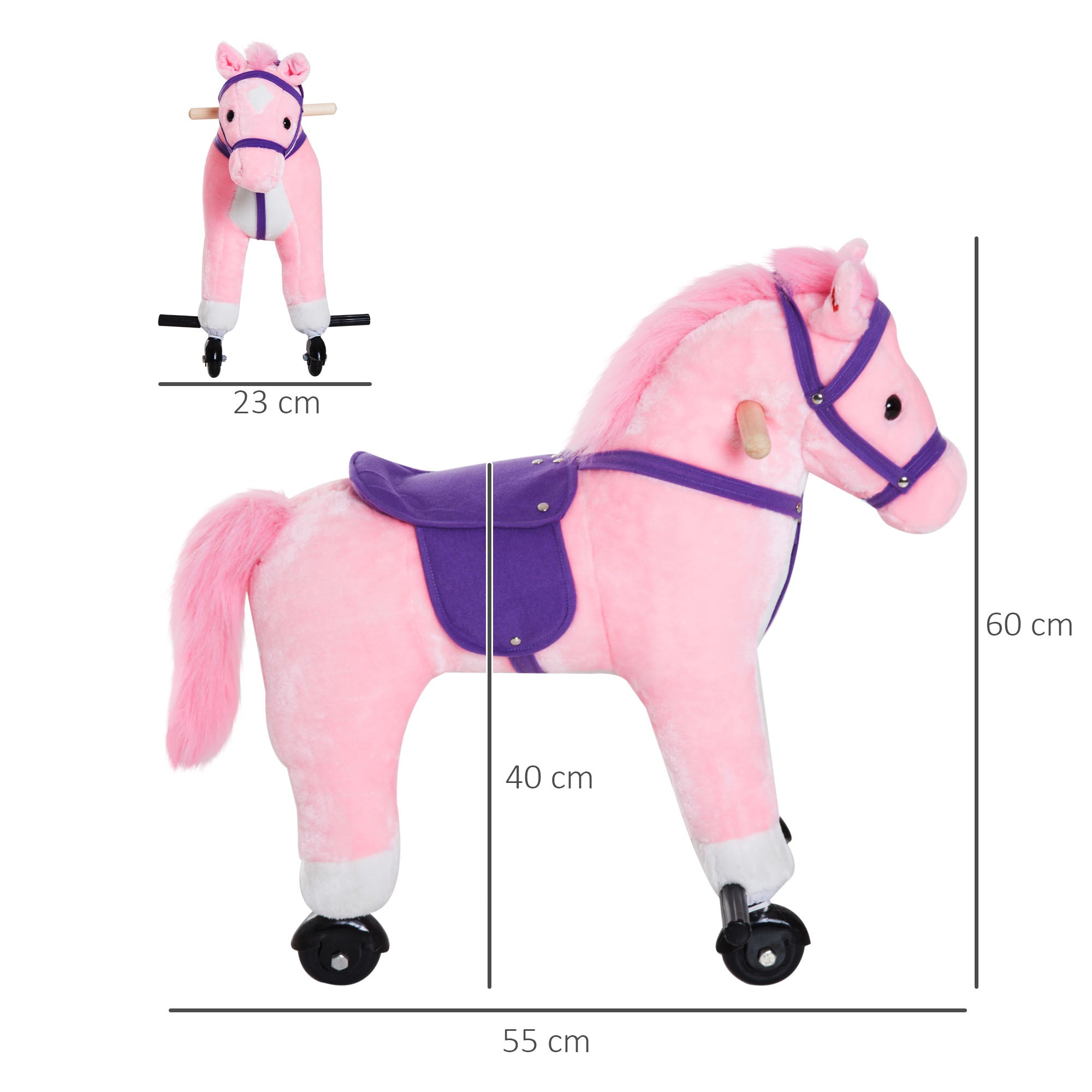 Cavalo para Crianças – 55x23x60 cm – Rosa – Pelúcia, aço, algodão PP e PU