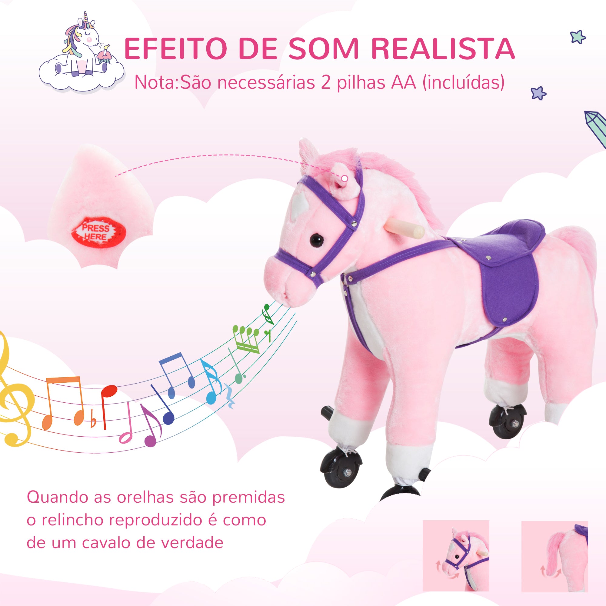 Cavalo para Crianças – 55x23x60 cm – Rosa – Pelúcia, aço, algodão PP e PU