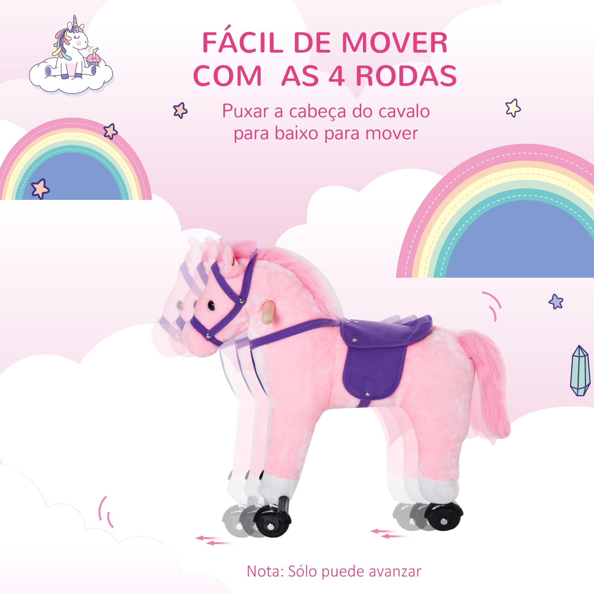 Cavalo para Crianças – 55x23x60 cm – Rosa – Pelúcia, aço, algodão PP e PU