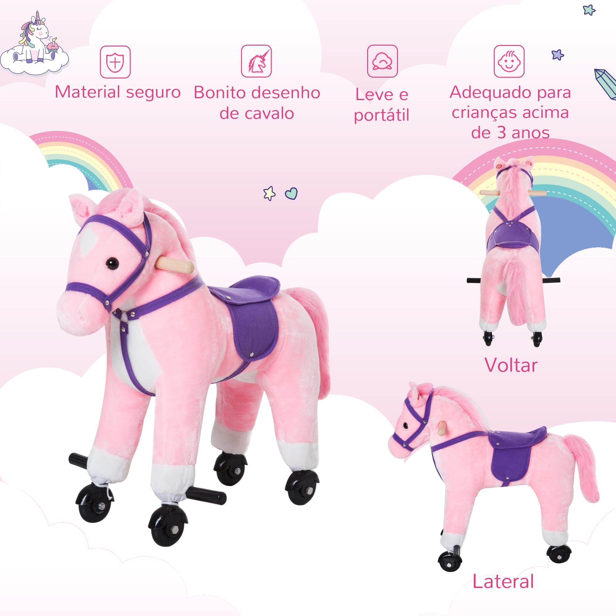 Cavalo para Crianças – 55x23x60 cm – Rosa – Pelúcia, aço, algodão PP e PU