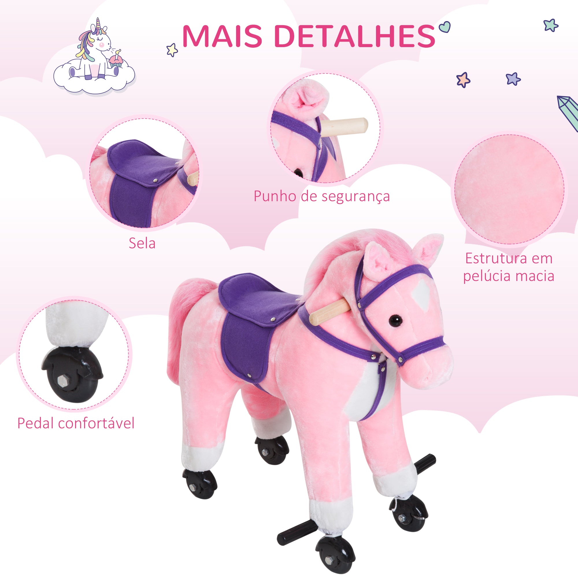 Cavalo para Crianças – 55x23x60 cm – Rosa – Pelúcia, aço, algodão PP e PU