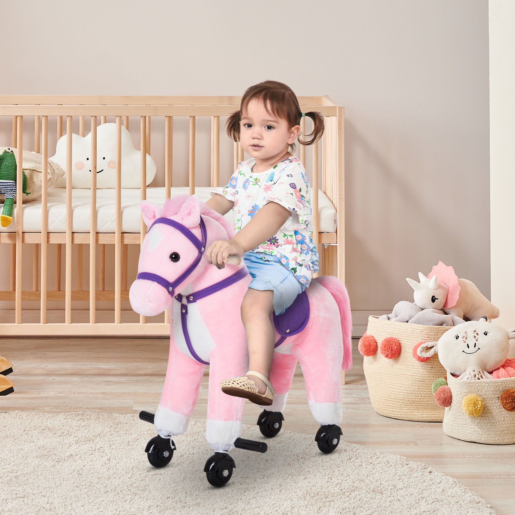 Cavalo para Crianças – 55x23x60 cm – Rosa – Pelúcia, aço, algodão PP e PU
