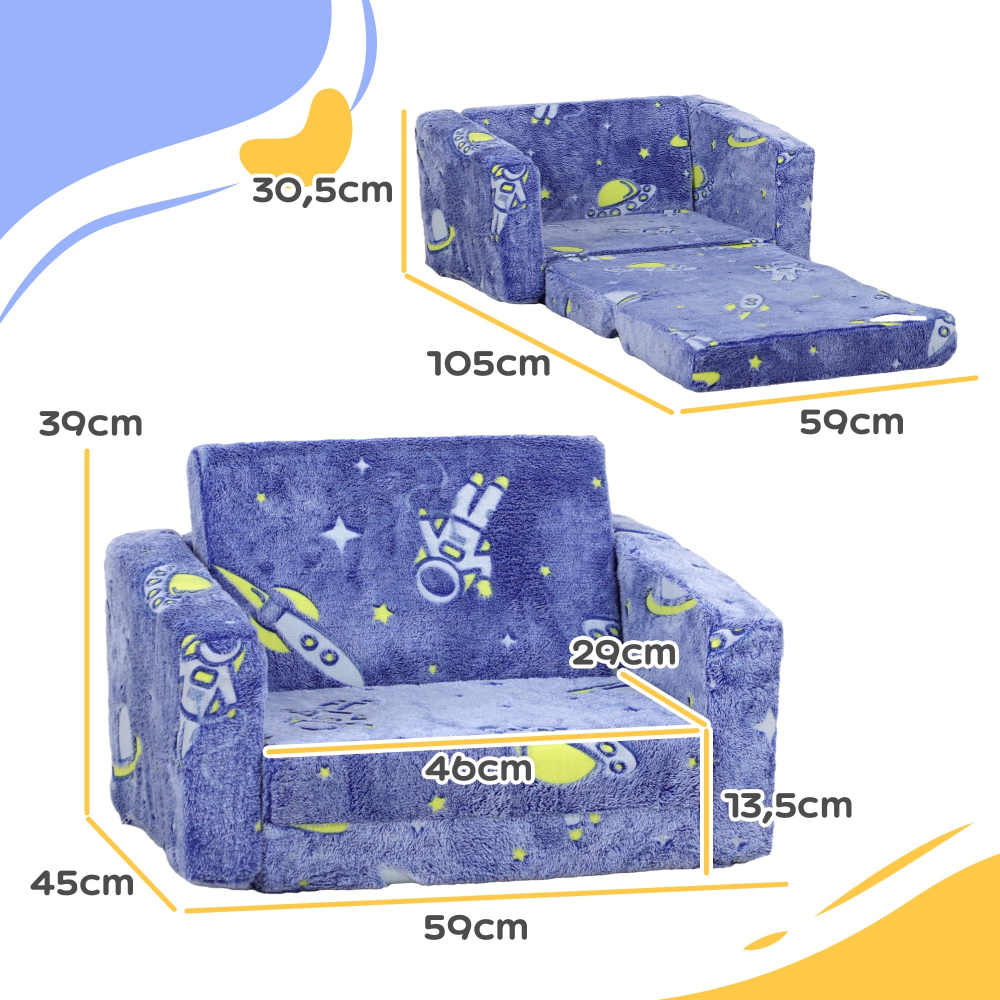 Poltrona Infantil Azul 59x105x30,5 cm - Tecido Luminoso Desenho Espacial