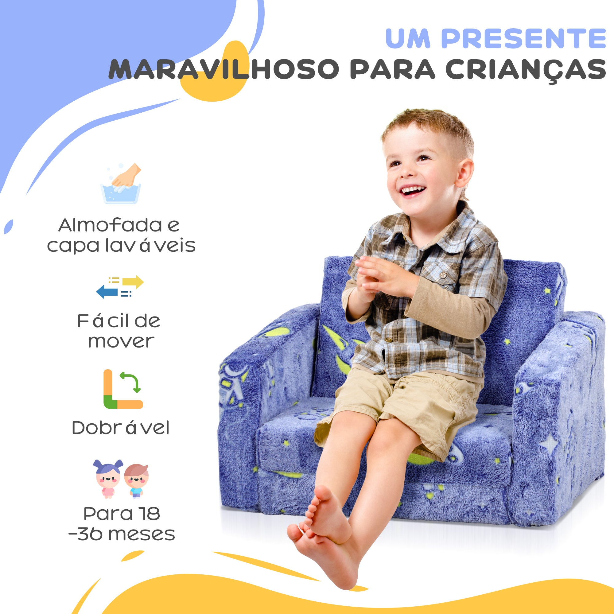 Poltrona Infantil Azul 59x105x30,5 cm - Tecido Luminoso Desenho Espacial