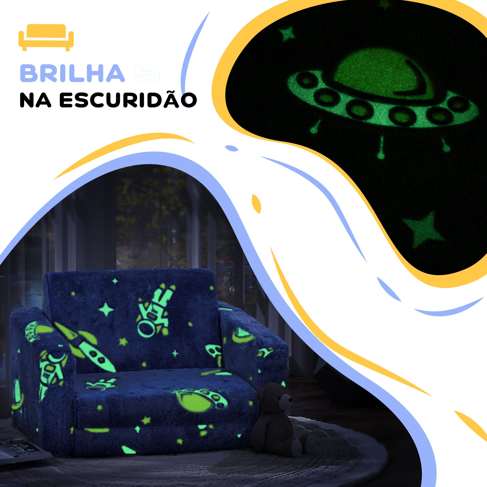 Poltrona Infantil Azul 59x105x30,5 cm - Tecido Luminoso Desenho Espacial
