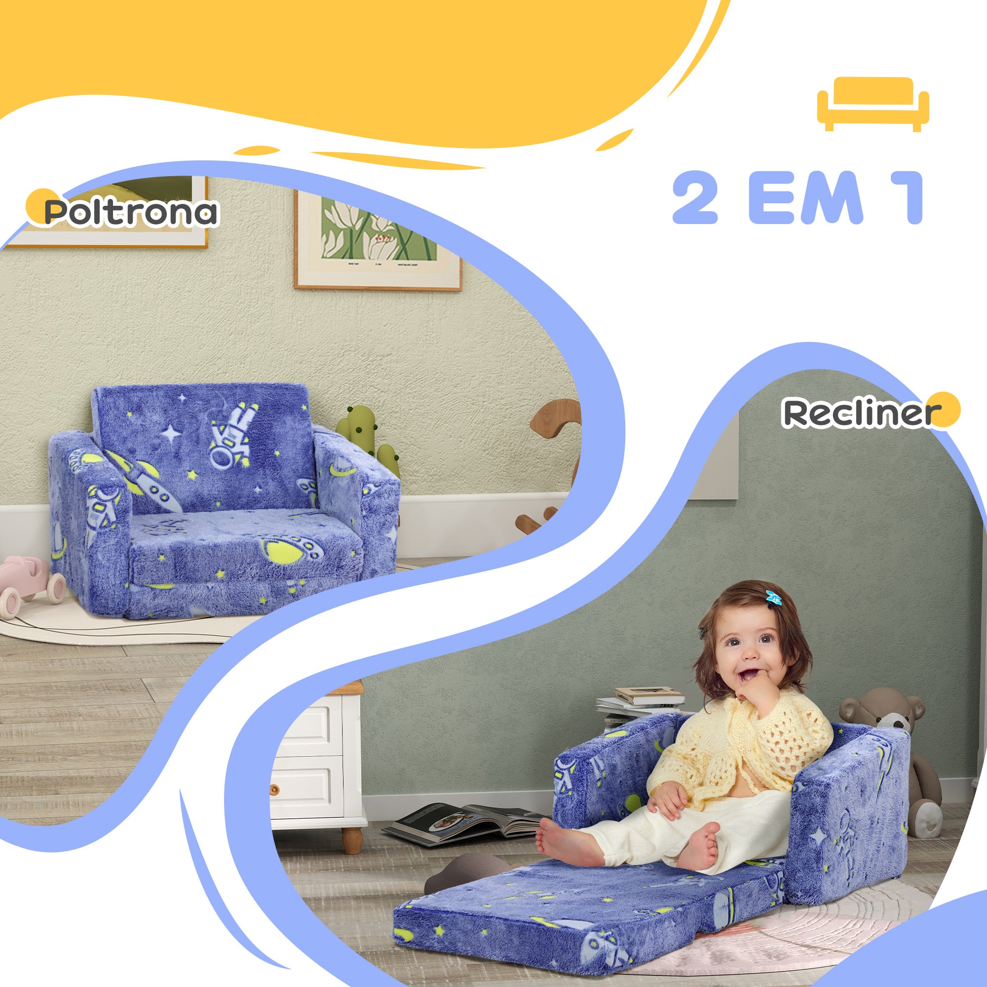 Poltrona Infantil Azul 59x105x30,5 cm - Tecido Luminoso Desenho Espacial