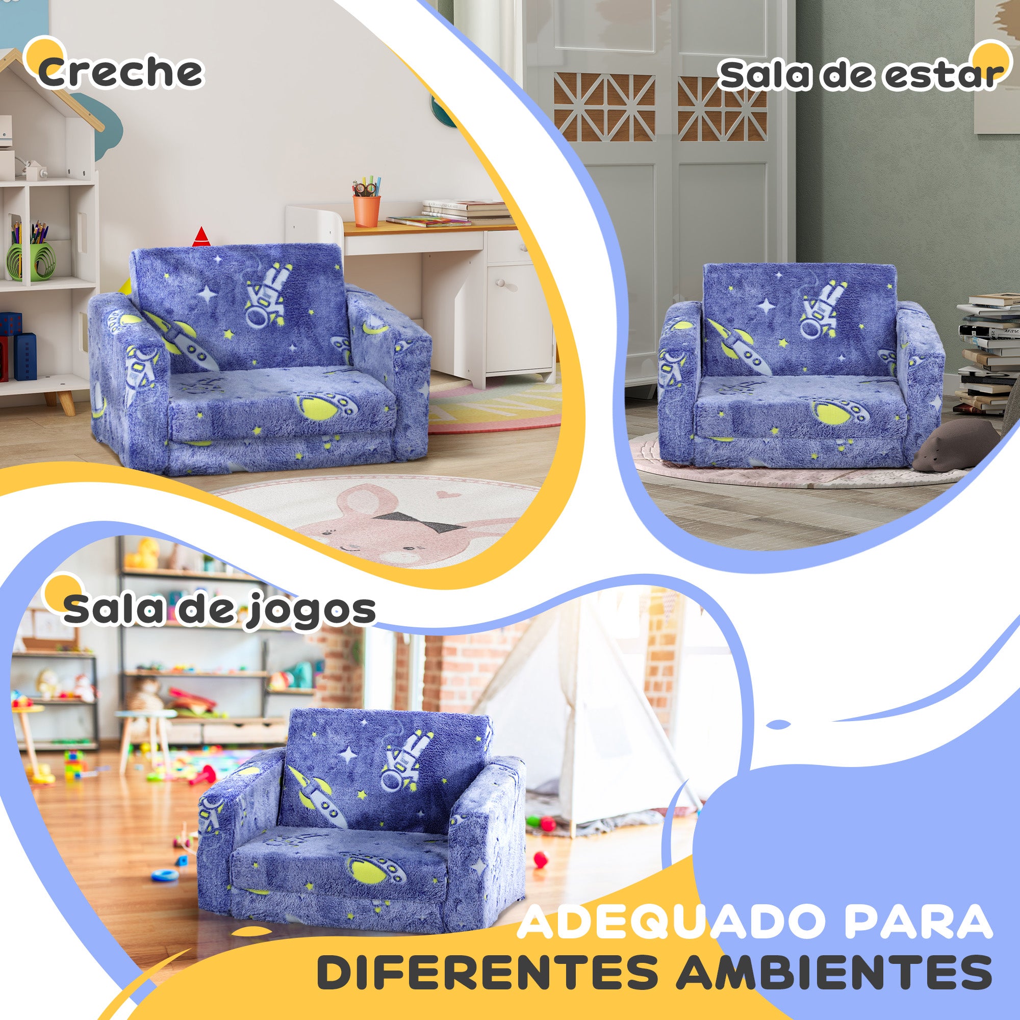 Poltrona Infantil Azul 59x105x30,5 cm - Tecido Luminoso Desenho Espacial