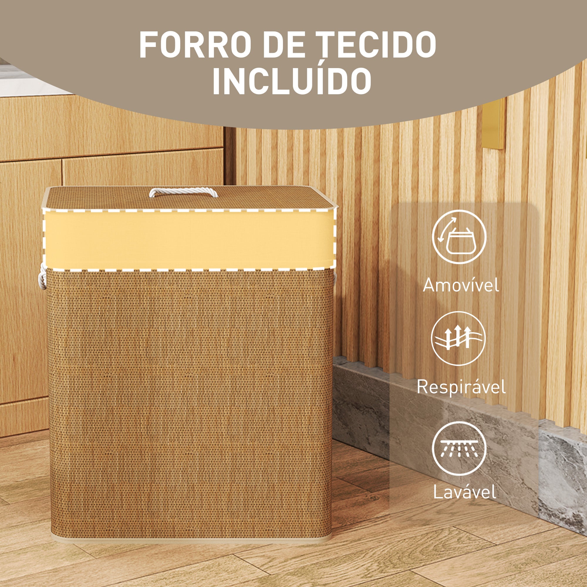 Cesto de Roupa 100L em Bambu Marrom 52x32x63 cm