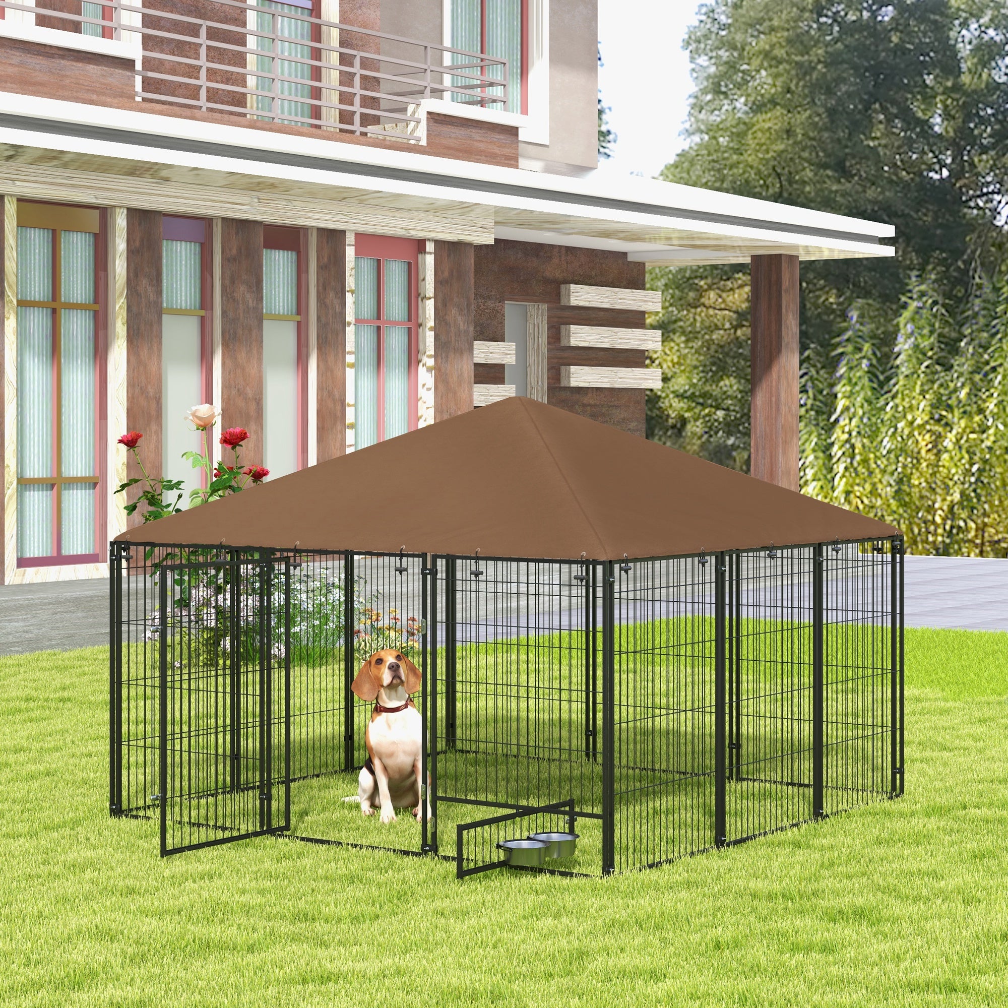 Parque para Cães com Toldo 211x211x151 cm - Preto e Marrom