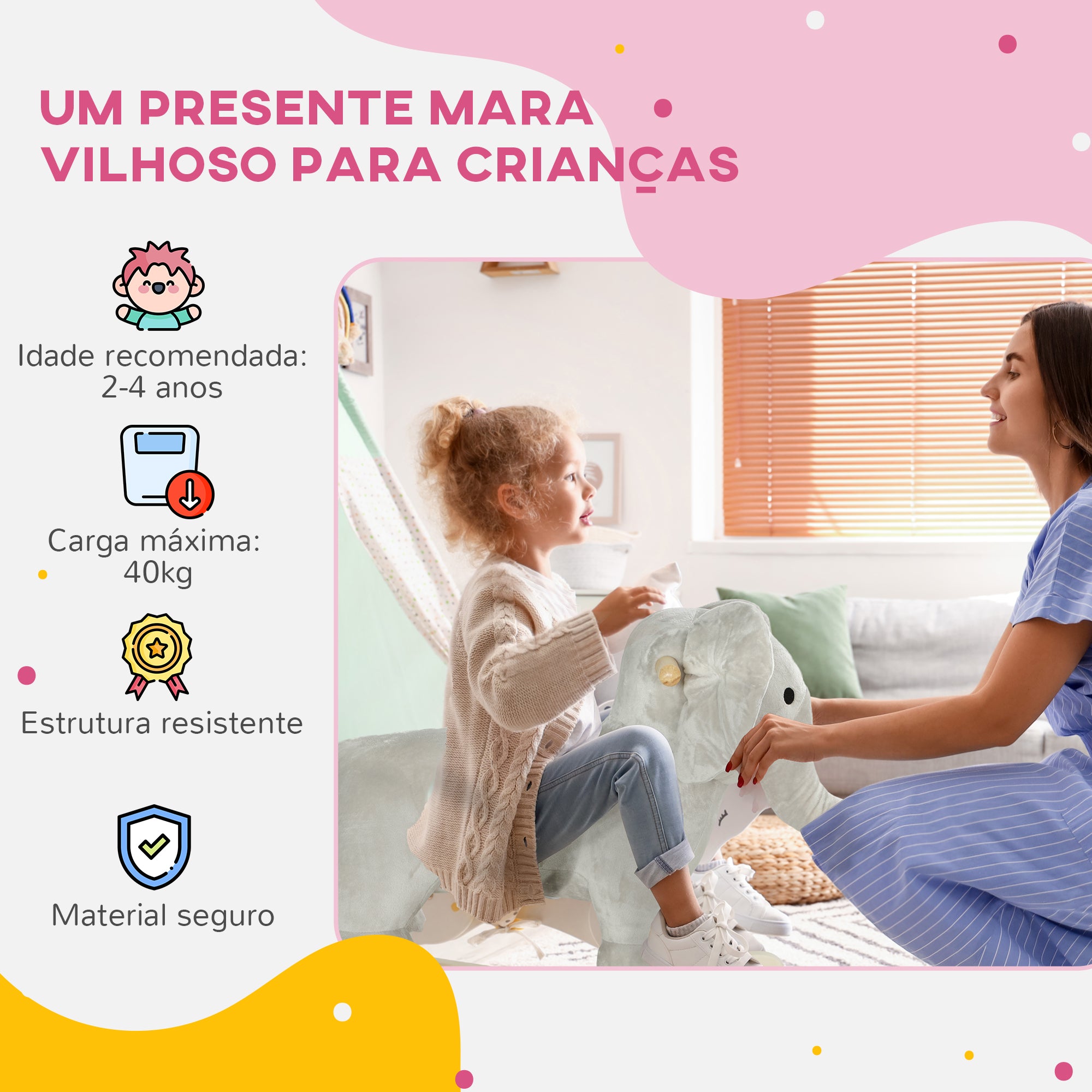 Cavalo de Baloiço Infantil Elefante Cinzento 64,5x31x52 cm