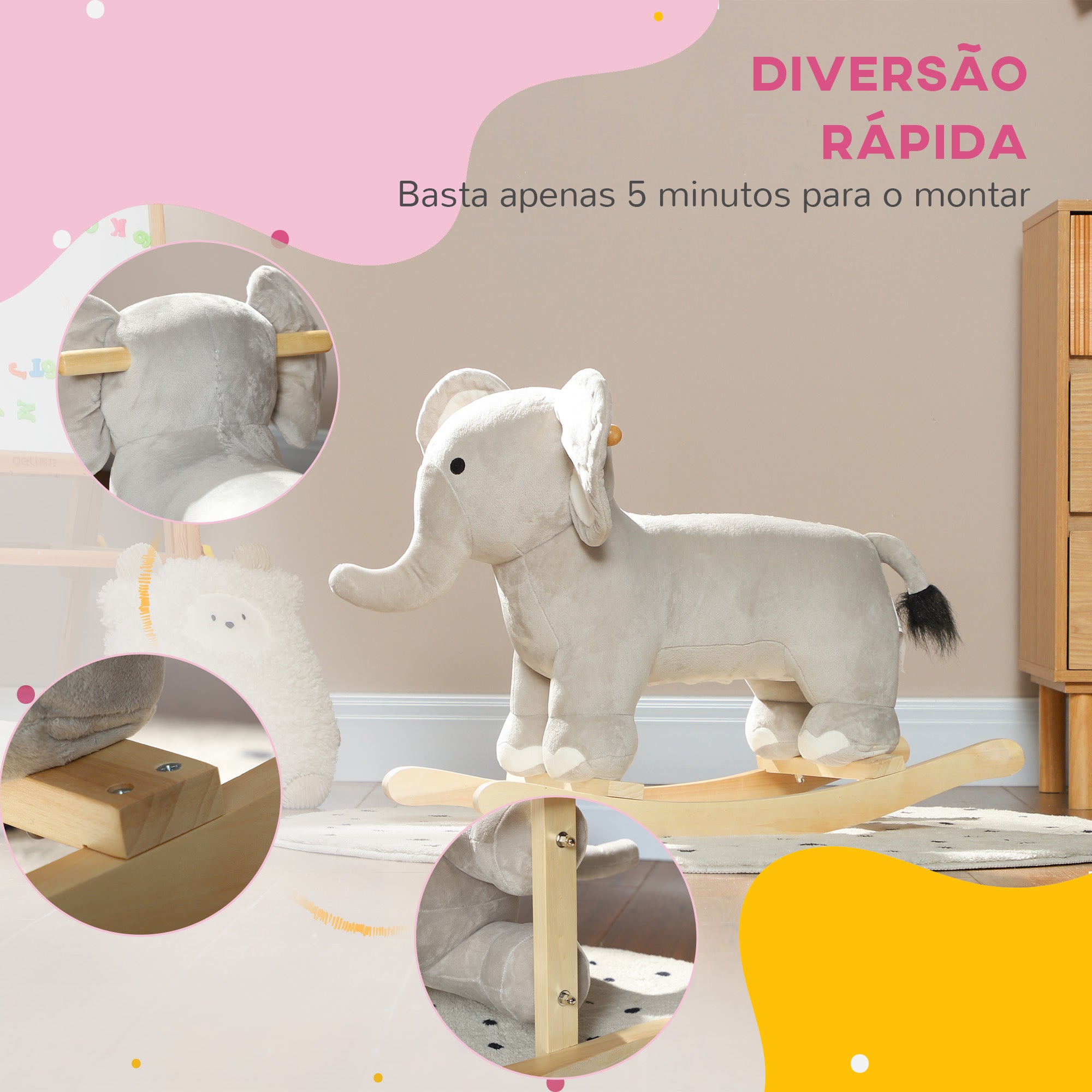 Cavalo de Baloiço Infantil Elefante Cinzento 64,5x31x52 cm