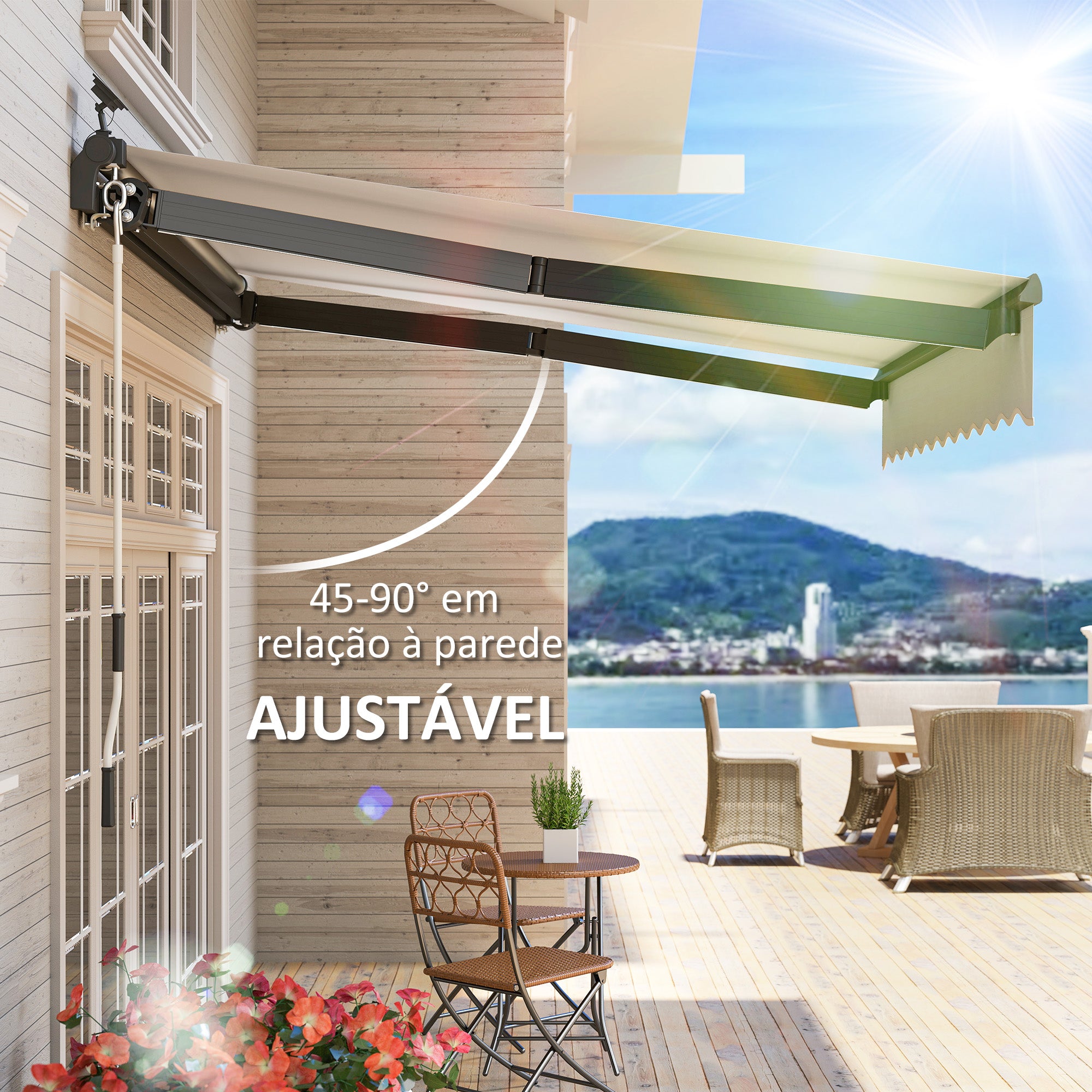 Toldo Manual Retrátil Creme Branco 295x250 cm com Luzes LED Solares