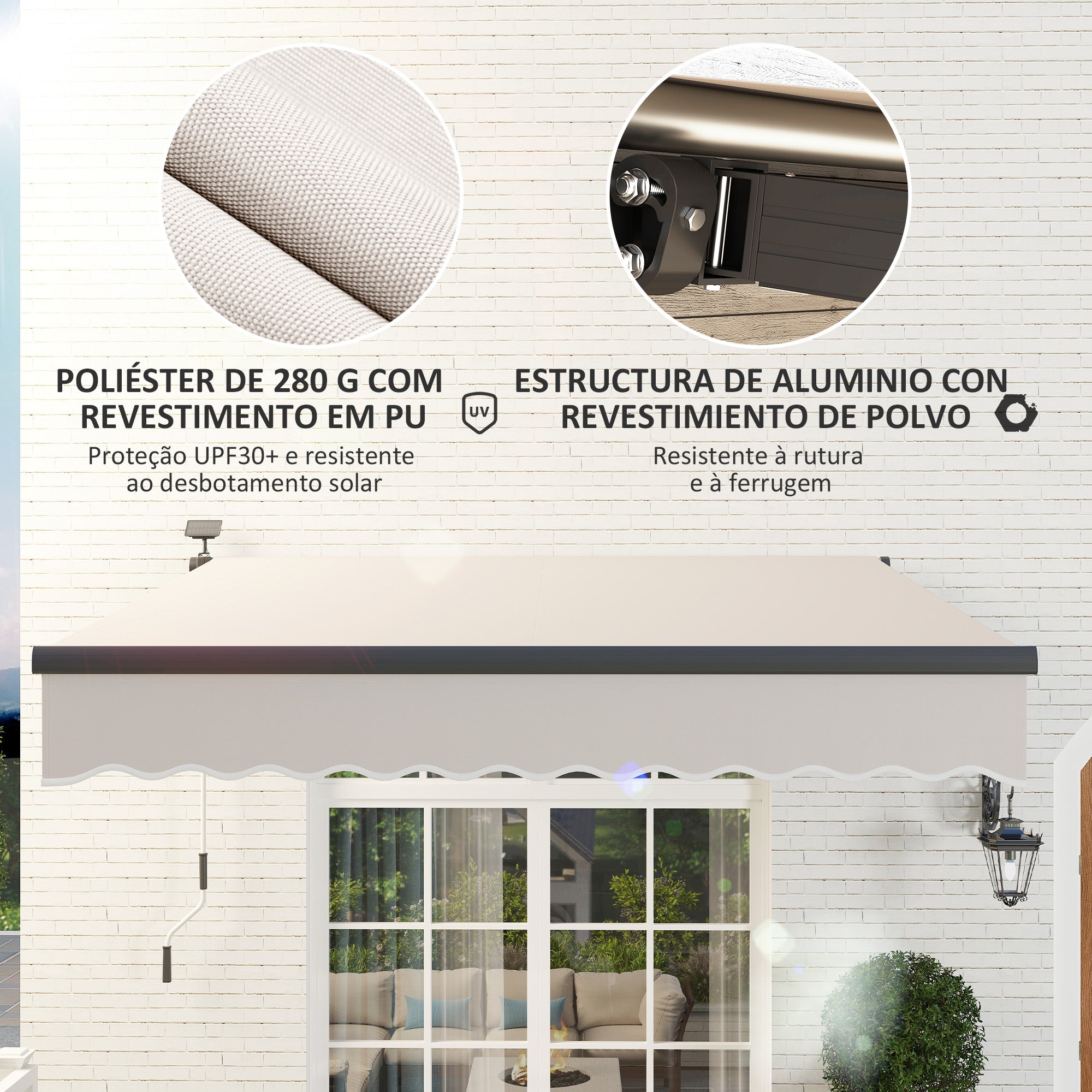 Toldo Manual Retrátil Creme Branco 295x250 cm com Luzes LED Solares