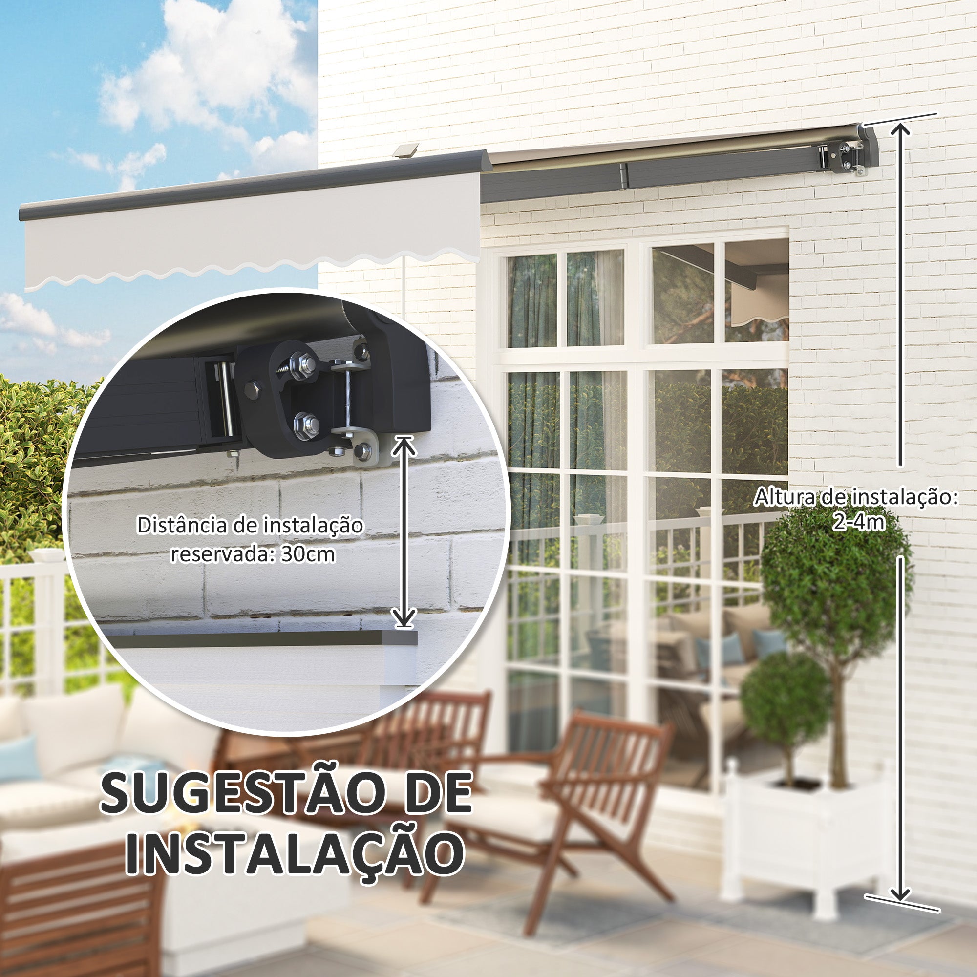 Toldo Manual Retrátil Creme Branco 295x250 cm com Luzes LED Solares