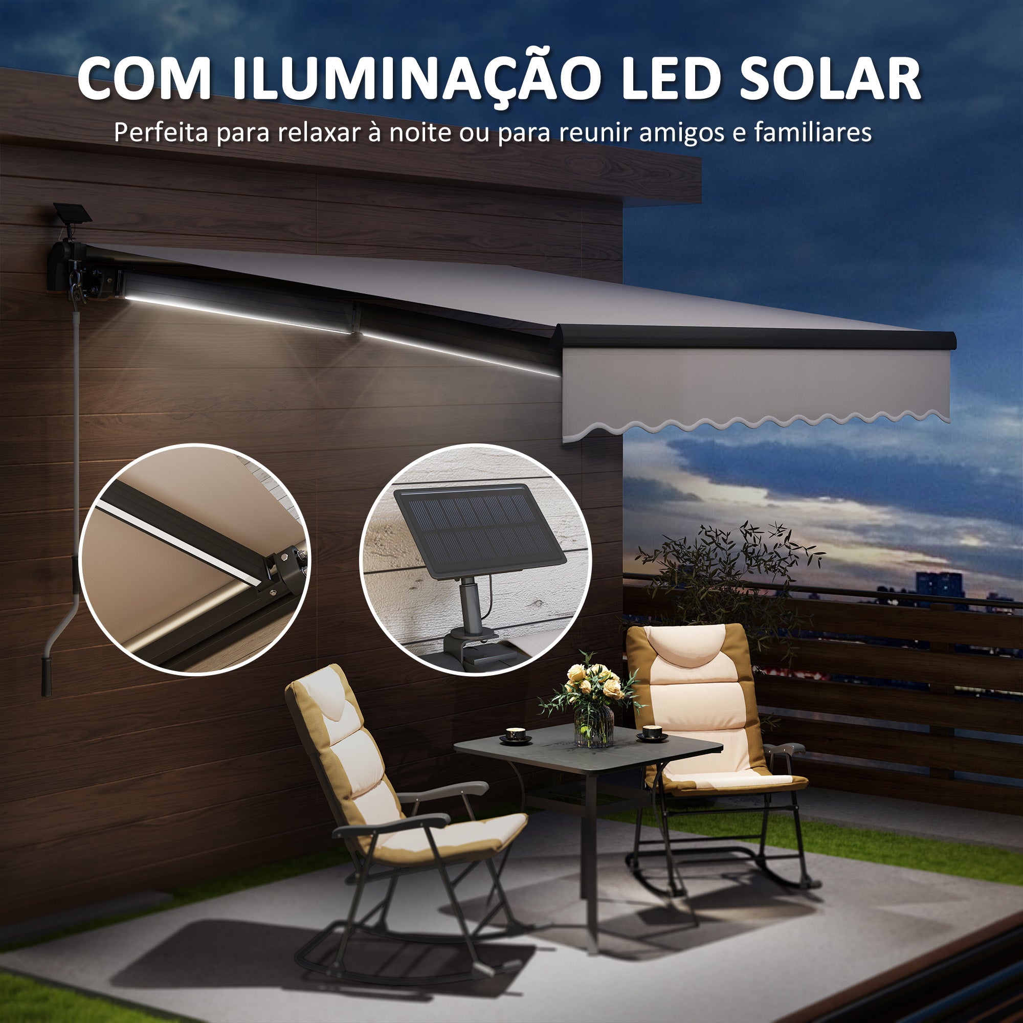 Toldo Manual Retrátil Creme Branco 295x250 cm com Luzes LED Solares