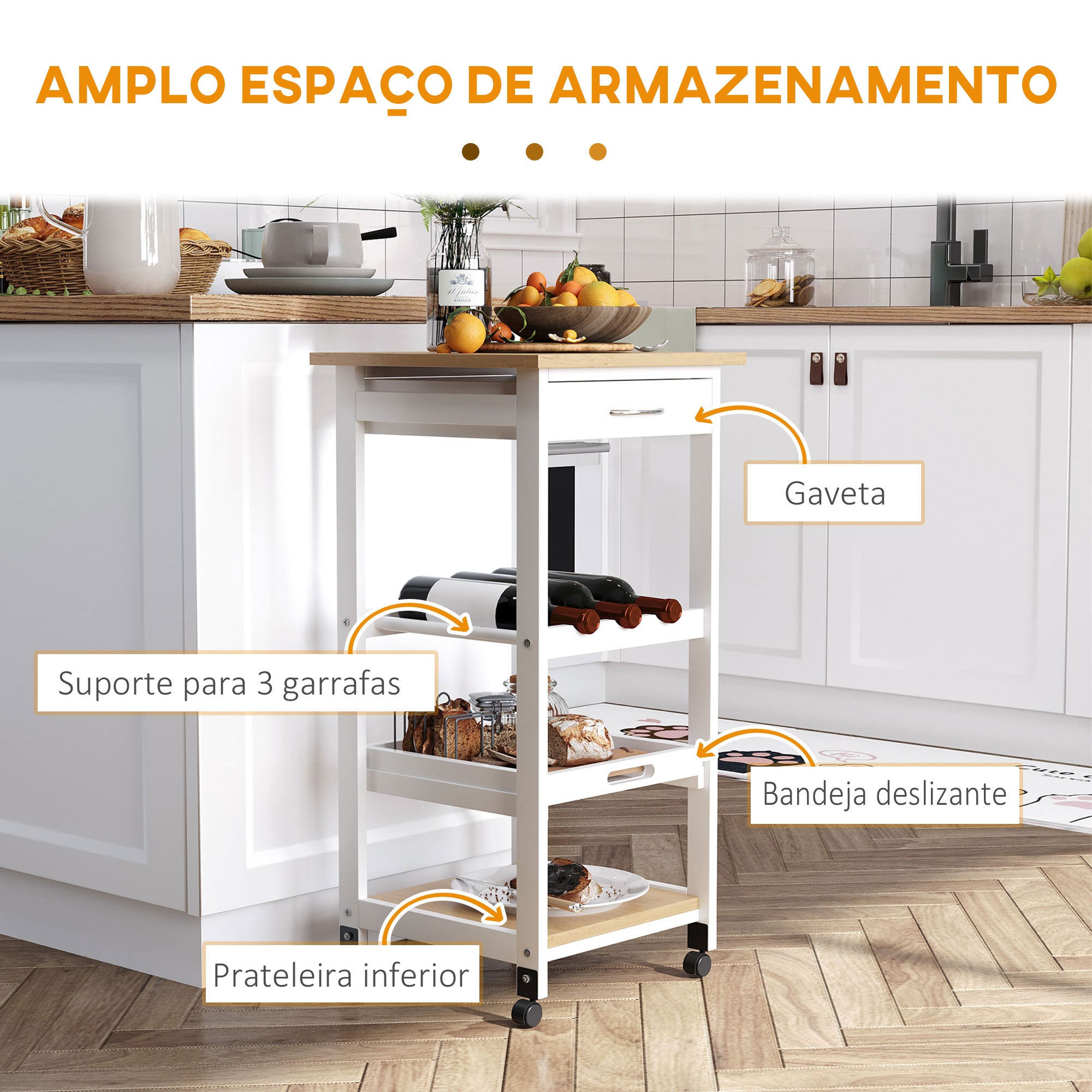 Carrinho de Cozinha 4 Níveis 37x37x76 cm - Branco