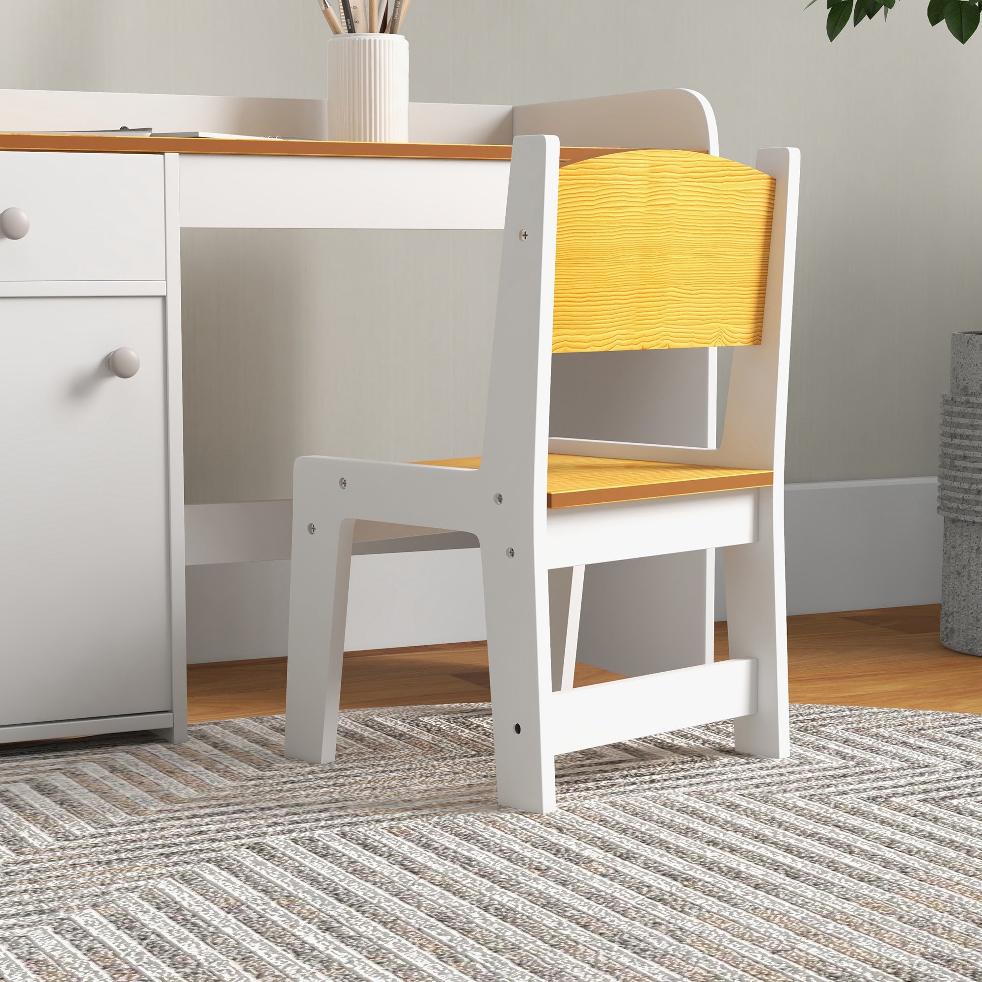 Conjunto de Secretária e Cadeira para Crianças - 80x39x59 cm - Branco e Natural